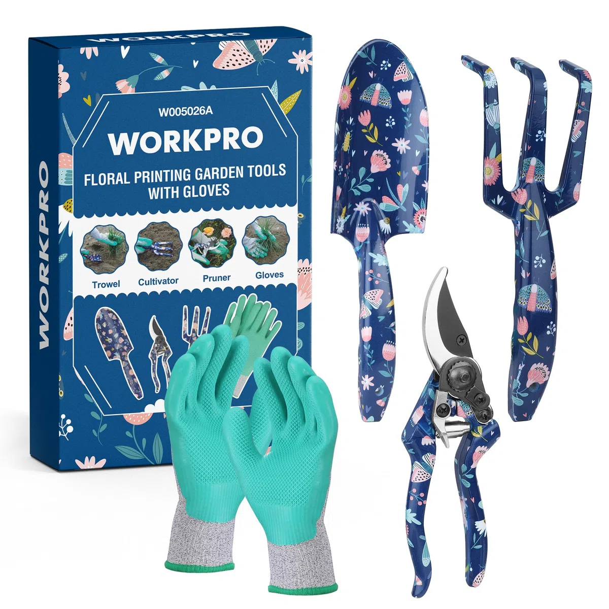 WORKPRO Aluminium-Gartenwerkzeug-Set, 4-teilig, robuste Handwerkzeuge mit Box, inklusive Kelle, Rechen, Gartenschere, Gartenhandschuhe, Blumen- und Insektendruck, Gartengeschenke