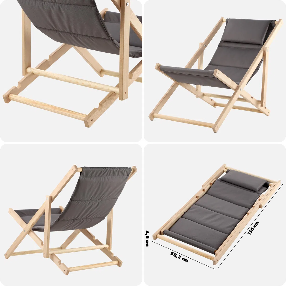 KADAX Liegestuhl, Strandstuhl aus Holz, Sonnenliege bis 120kg, Liege aus Buchenholz, Holzklappstühle, Strandliege, Klappliege für Strand, Holz-Liegestuhl (Mit Kopfstütze, Grau)