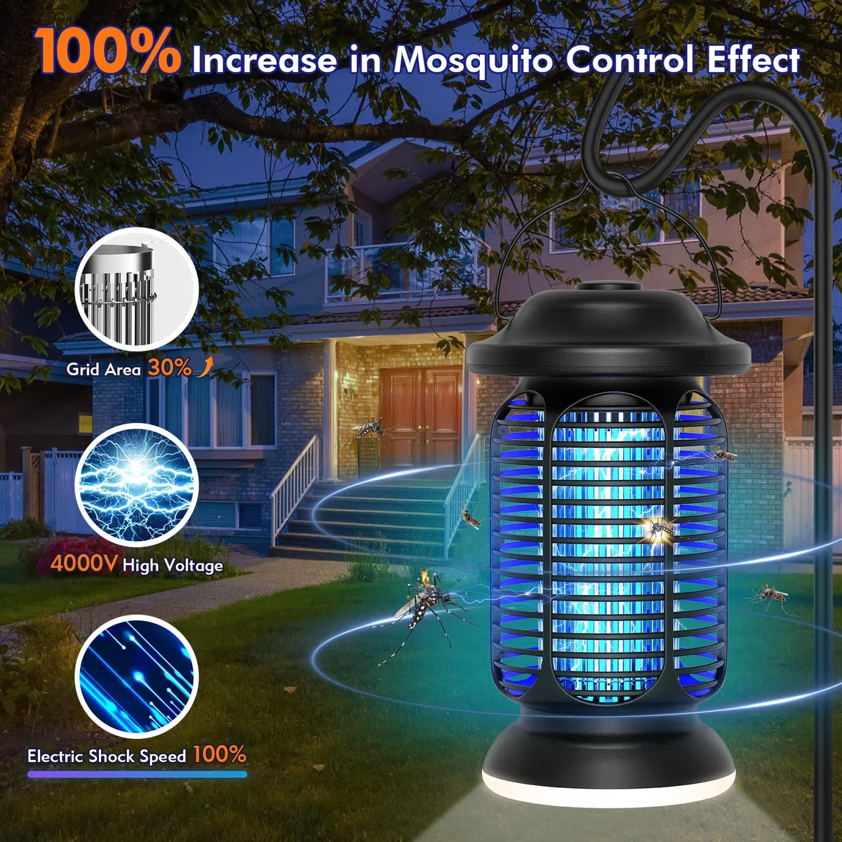 Bug Zapper Outdoor Indoor, Elektrischer Fliegenvernichter Wasserdicht mit 2W LED-Licht, 18W Leistung & 4000V Hochspannung, Abdeckungsbereich von 1/2-1 Acre, 1,7m Kabel, Steckbare Mückenfalle für