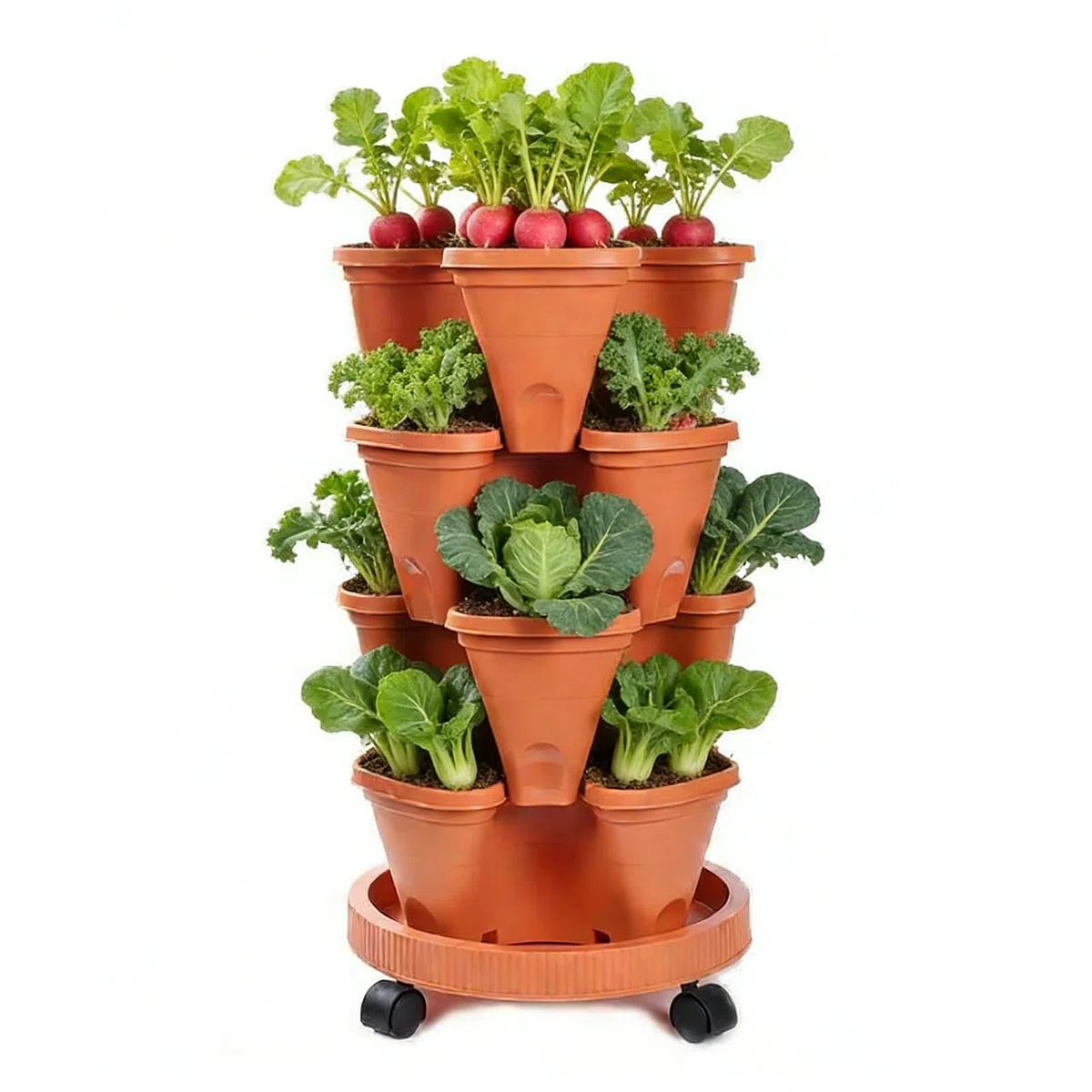 Terrakotta-Erdbeer-Pflanzgefäß, Blumentopf, 4 Ebenen, vertikaler Blumentopf mit Rädern und Bodenschale, stapelbarer Erdbeer-Pflanzgefäß zum Pflanzen von Erdbeeren,
