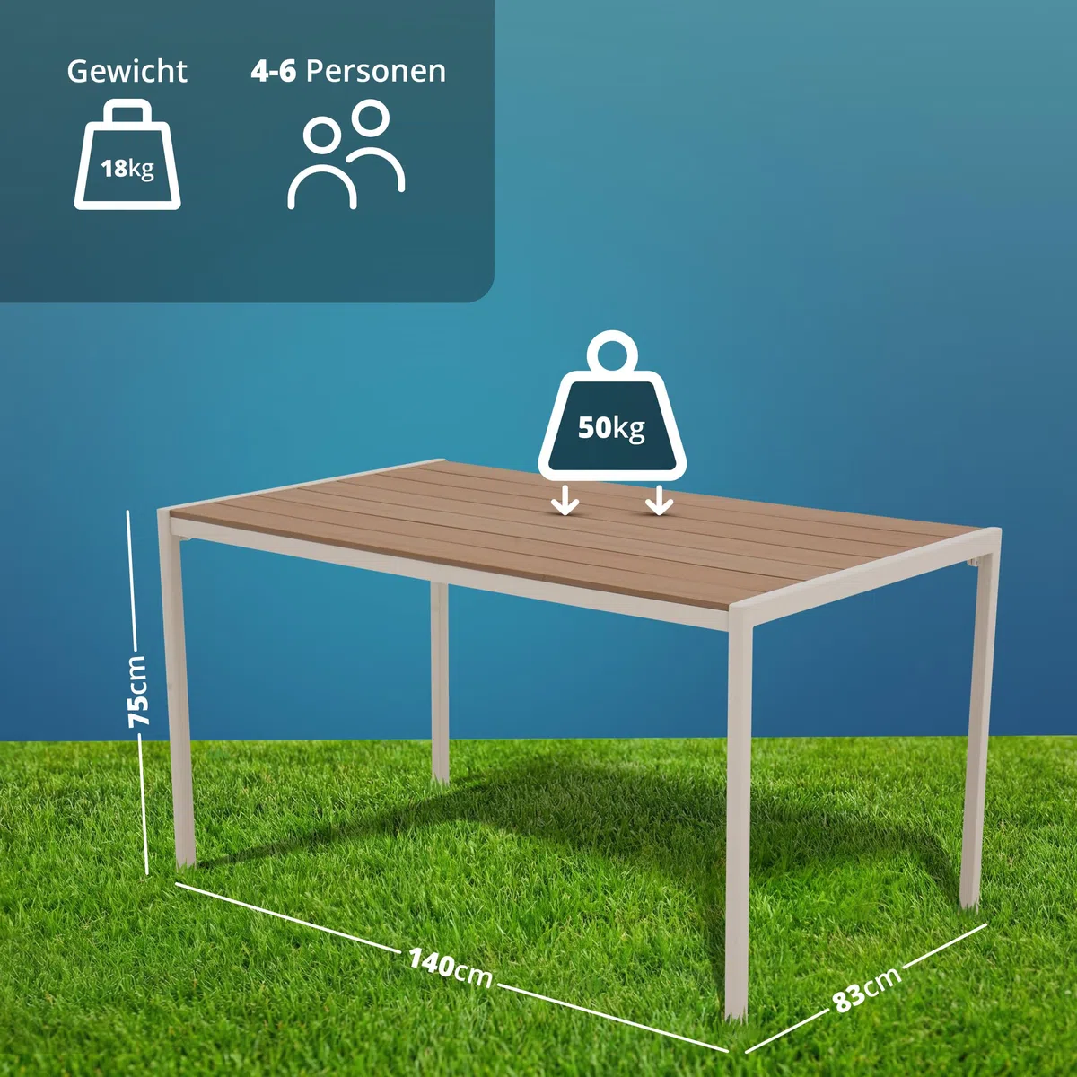 KHG Gartentisch beige, Esstisch Stahl-Gestell und Tischplatte Polywood | in Teak-Optik für 6 Personen, wetterfest UV-beständig, 83x75x140 cm, für Wohnraum und Alltag, praktisch für Zuhause