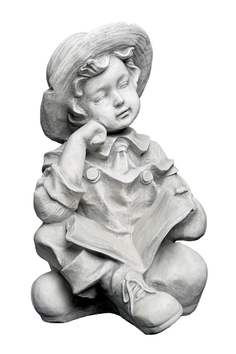 gartendekoparadies.de Jungen Figur mit einem Buch, Steinfigur H. 43 cm, 24 kg, Grau, frostsicher aus Steinguss für Außenbereich