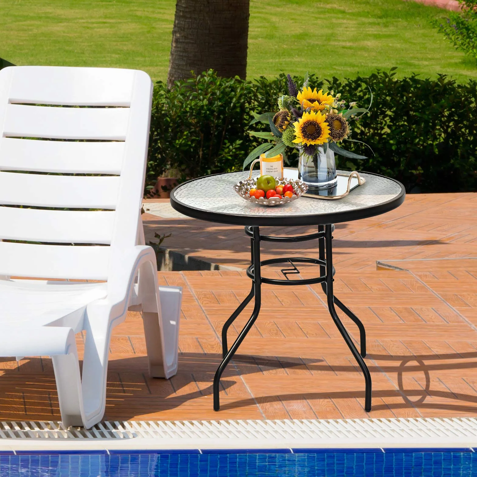GOPLUS Gartentisch mit Schirmloch, Balkontisch mit Glasplatte & Metallrahmen, Terrassentisch Beistelltisch Bistrotisch Glastisch Esstisch für Garten & Terrasse (Rund)