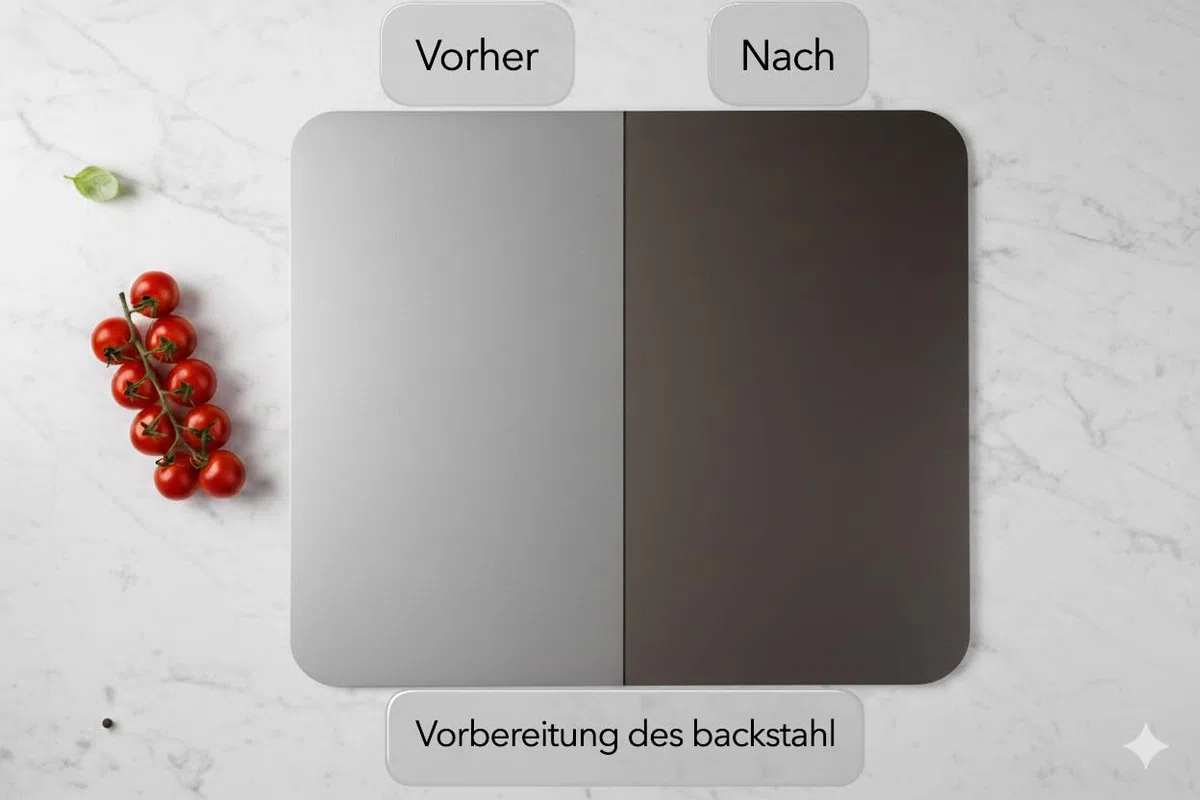 Backstahl für Pizza und Brot 38 x 33 cm / 8 mm Stärke. Premium Pizzastein aus hochwertigem Stahl. Pizzabackstahl für Backofen und Grill. Keine scharfen Kanten