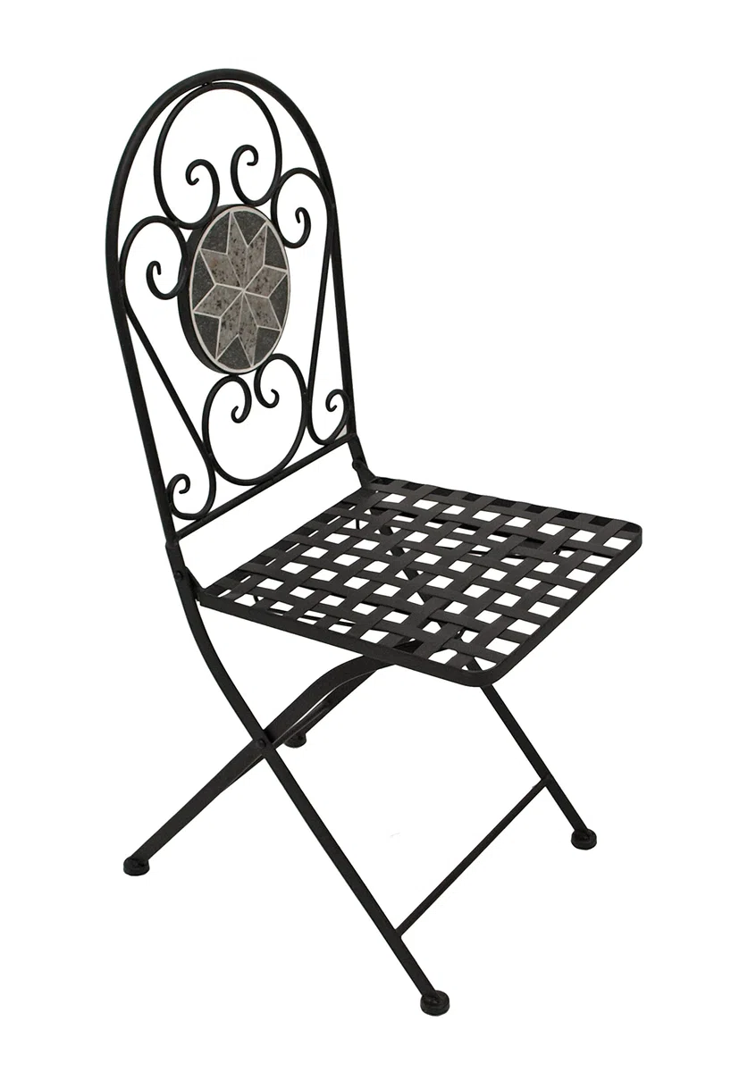 DEGAMO Balkonset Siena 3-teilig, 2X Klappstuhl und 1x Tisch 45x90cm halbrund, Eisen schwarz mit Mosaik Dekor grau/Weiss, mit Polstern grau