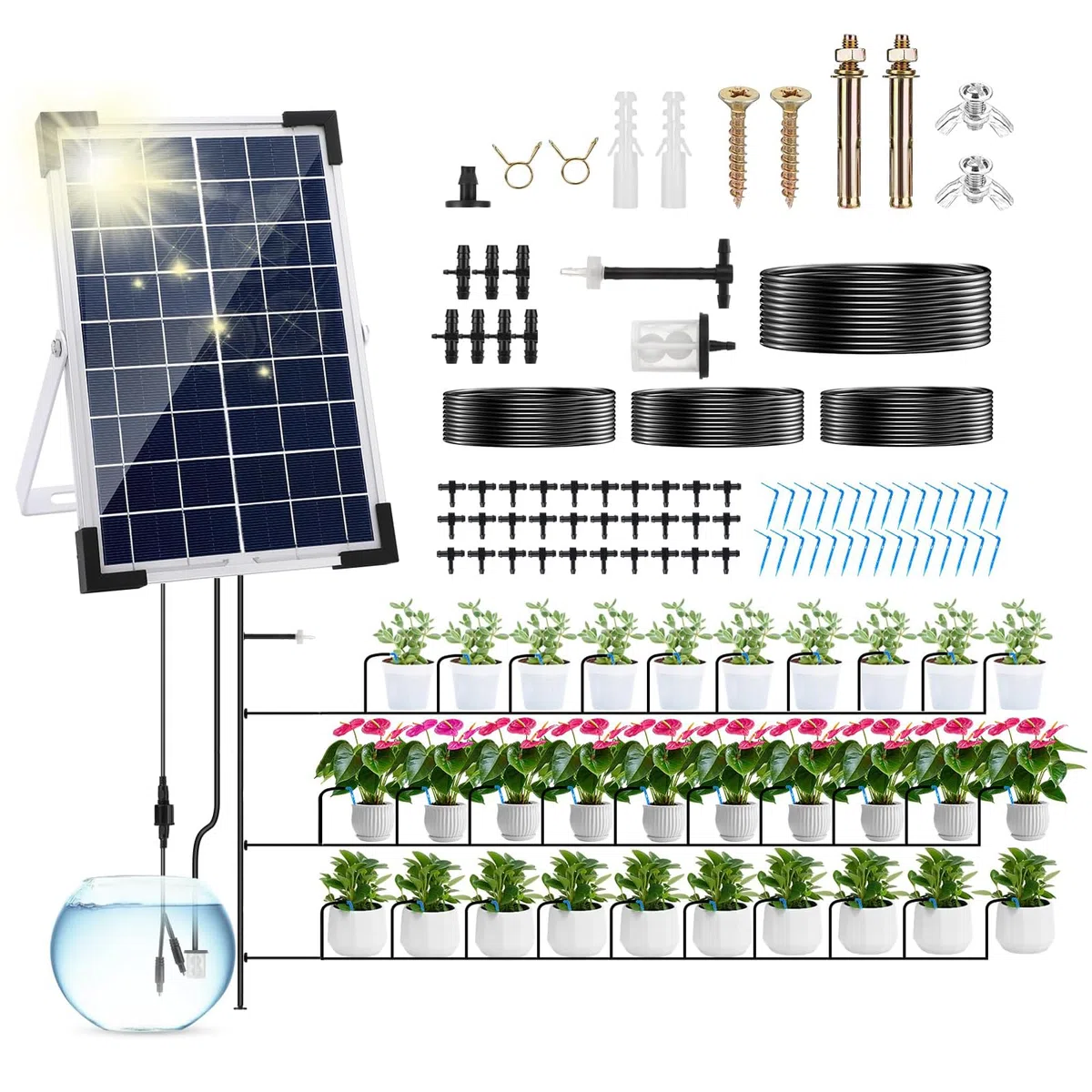 Garten Drip Bewässerung System Solar Powered,5W automatische Solar Drip Bewässerung Kit Bewässerung System, Anti-Siphon Design für Topfpflanzen Gewächshaus,Timing Modes Bewässerung Geräte