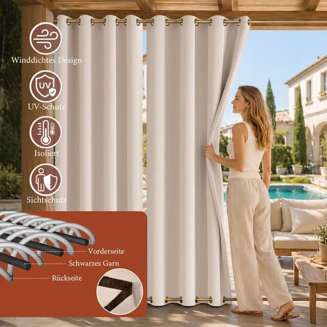 Rosnek 2erOutdoor Vorhang Wetterfest Winddicht, Balkon Gardinen mit Ösen Oben & Unten, Blickdicht Wasserdicht Sonnenschutz Sichtschutz Gardinen für Terrasse,Pergola,Pavillon, H213x B132 cm, Beige