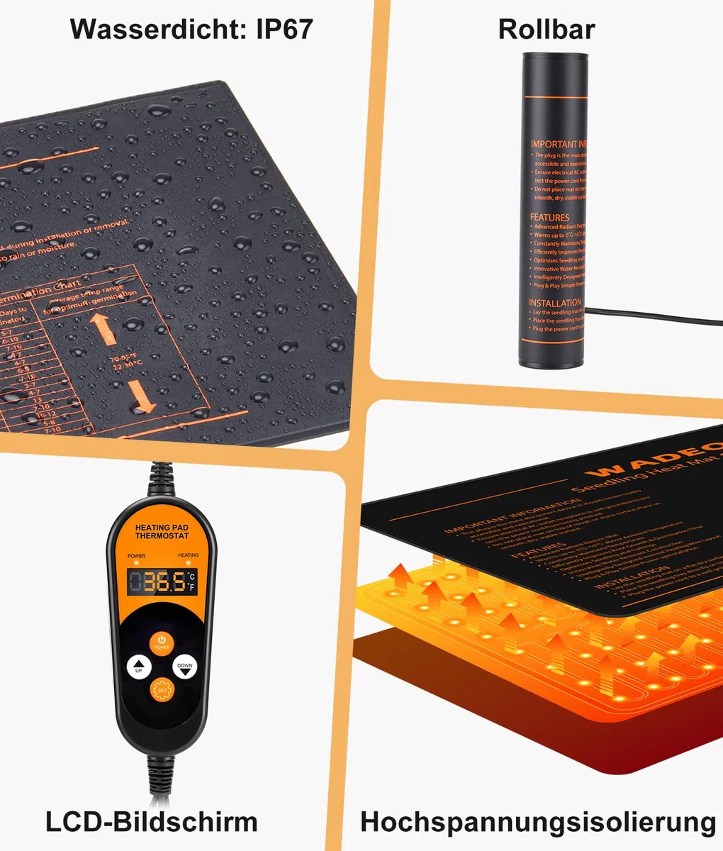 WADEO Heizmatte für Pflanzen 53 x 25 cm, 50 W Sämlinge Heizmatte mit automatische Heizfunktion und Timerfunktion, Nachhaltige Heizleistung, Thermostat einstellbar, für Pflanzen, Keimung, Reptilien