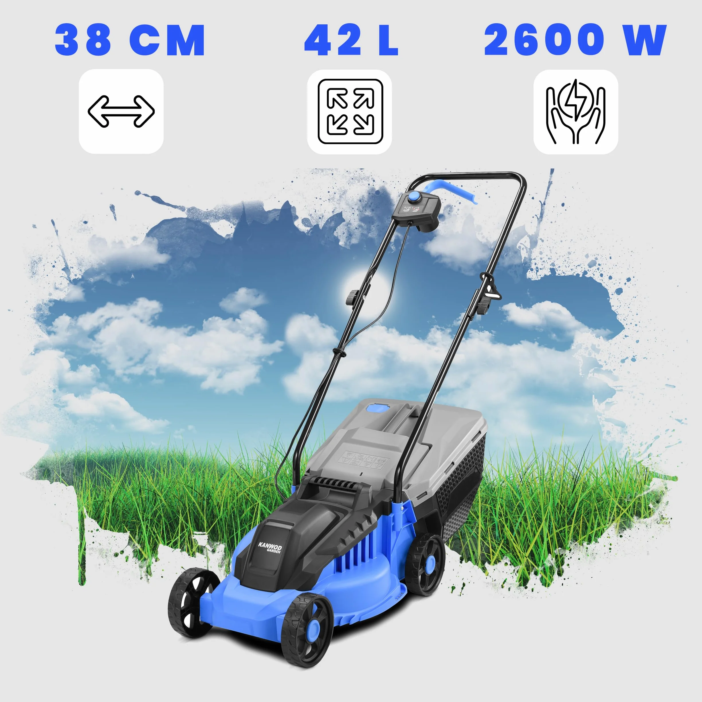 KANWOD Elektro Rasenmäher, 1600 W, 38 cm Schnittbreite, 5-stufige Schnitthöhenverstellung 30-75 mm, 42 L Grasfangkorb, 3400 U/min, empfohlen für Rasenflächen bis 1000 m², Grau/Blau