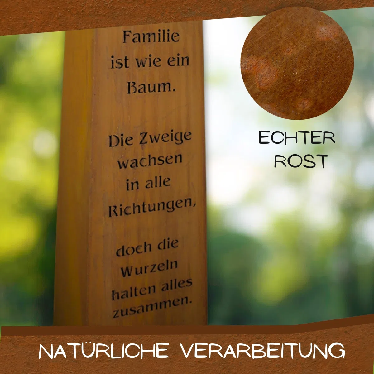 Rostikal Edelrost Gartendeko Säule 1,15 m Familien Spruch mit Dekoschale Rost Wohndeko (Schale 50 x 50 cm)