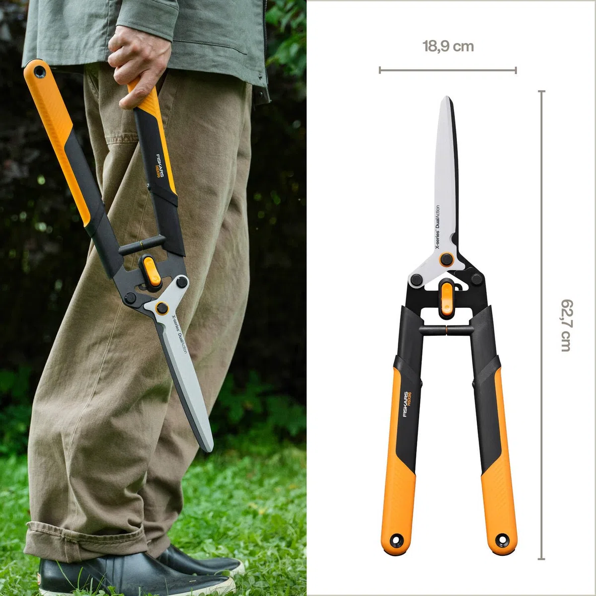 Fiskars X-series DualAction Heckenschere HSX96, 2-in-1-Modus für schnelle oder kraftvolle Schnitte, Antihaftbeschichtete Stahlklingen/FiberComp-Griffe, Schwarz/Orange, 1080134