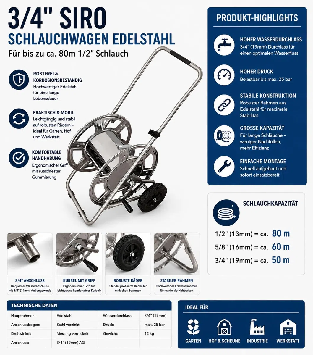 Sirocco SIRO Edelstahl Schlauchwagen, 3/4 Zoll Anschluss, Gartenschlauchwagen, Edelstahl/Messing/Verzinkter Stahl, für Schläuche bis 80m, Maximaldruck 25 bar