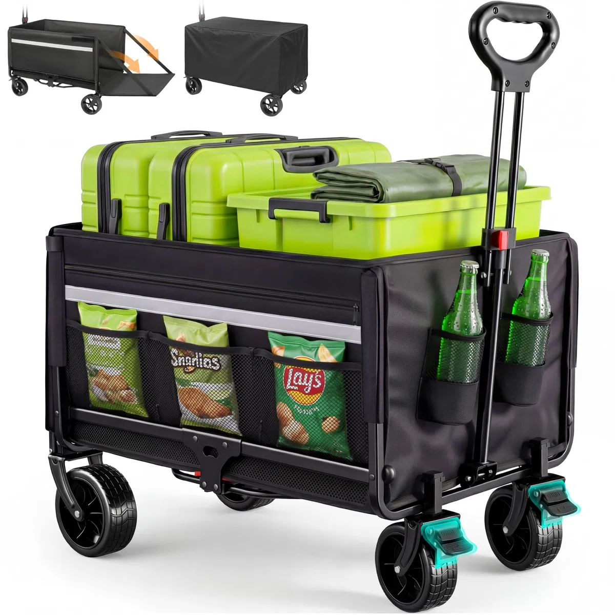 Bollerwagen Faltbar 120L+, Bis 150kg mit Heckklappe, Regenschutz, Bremsen | Reflektorstreifen, Strandwagen Klappbar, Faltbarer Bollerwagen Für Hunde, Einkaufen, Camping, Strand, Transport, Outdoor