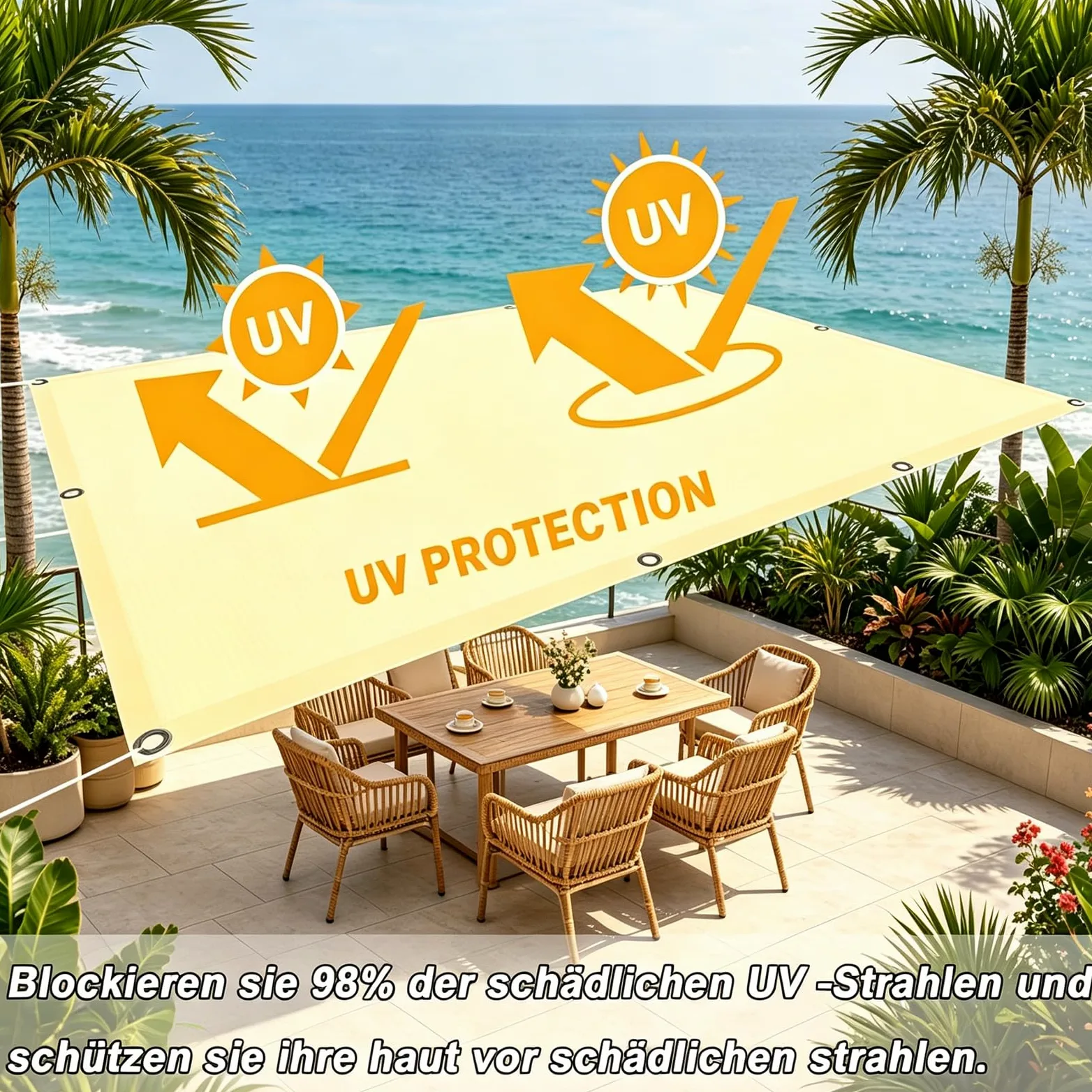 Sonnensegel Wasserdicht 4x5M Sonnensegel Rechteckig mit Ösen Markisenstoffe UV Schutz Wetterfest mit Seilen für Garten Terrasse Balkon, Sandfarbe