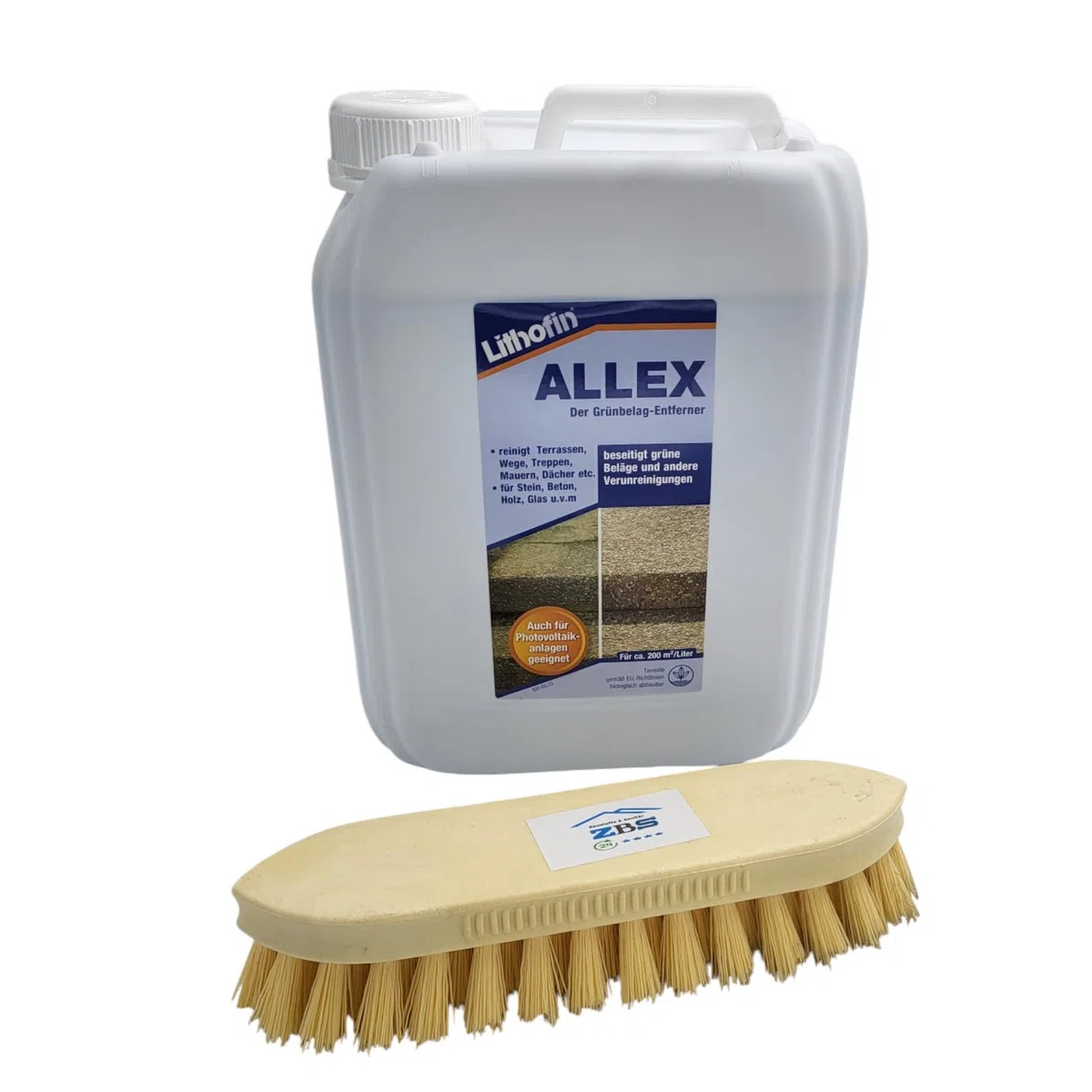 zbs24 Lithofin ALLEX Grünbelagentferner 5 Liter, Reinigungskonzentrat selbstwirkend gegen Algen und Moos, für Terrassen, Naturstein, Betonstein, Klinker, Putz und Holz, inkl. Reinigungsbürste