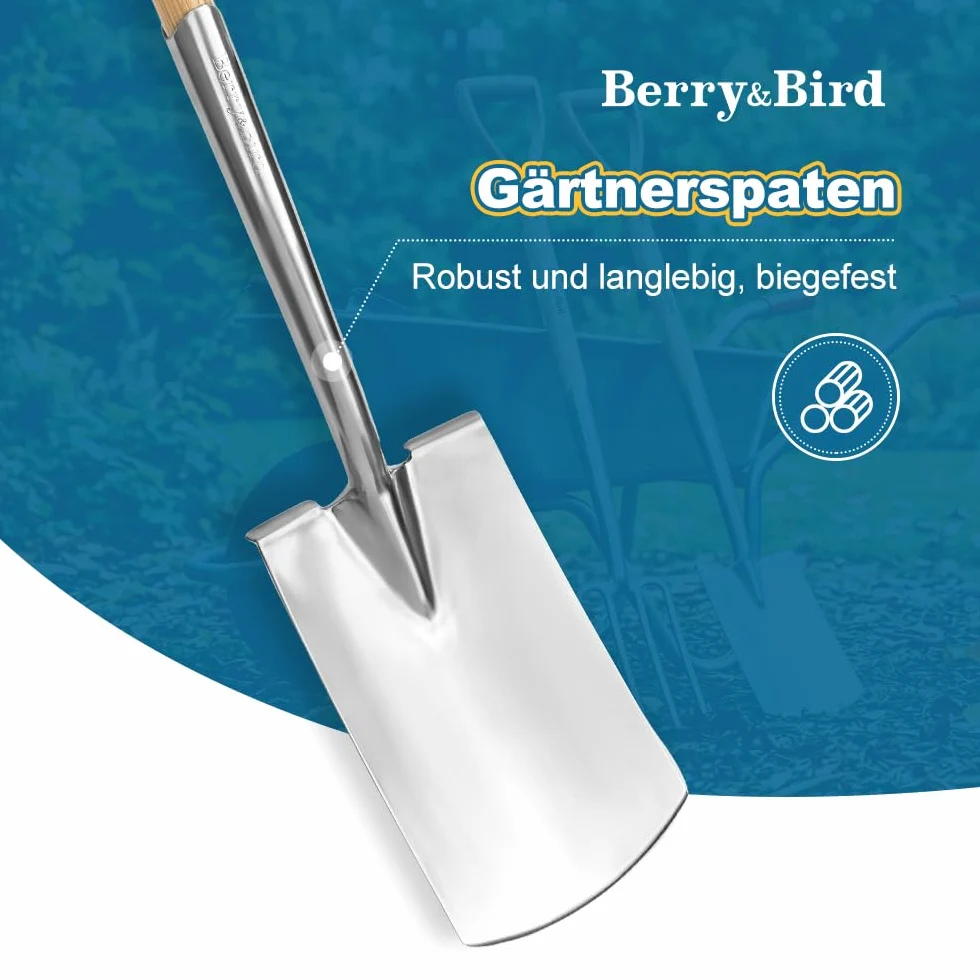 Berry&Bird 104cm Edelstahl Grabespaten, Gartenspaten mit D-Griff, traditioneller englischer Flachspaten mit Eschenholz Griff zum Graben, Gärtnern und Umpflanzen, Spatenblatt mit Trittkante