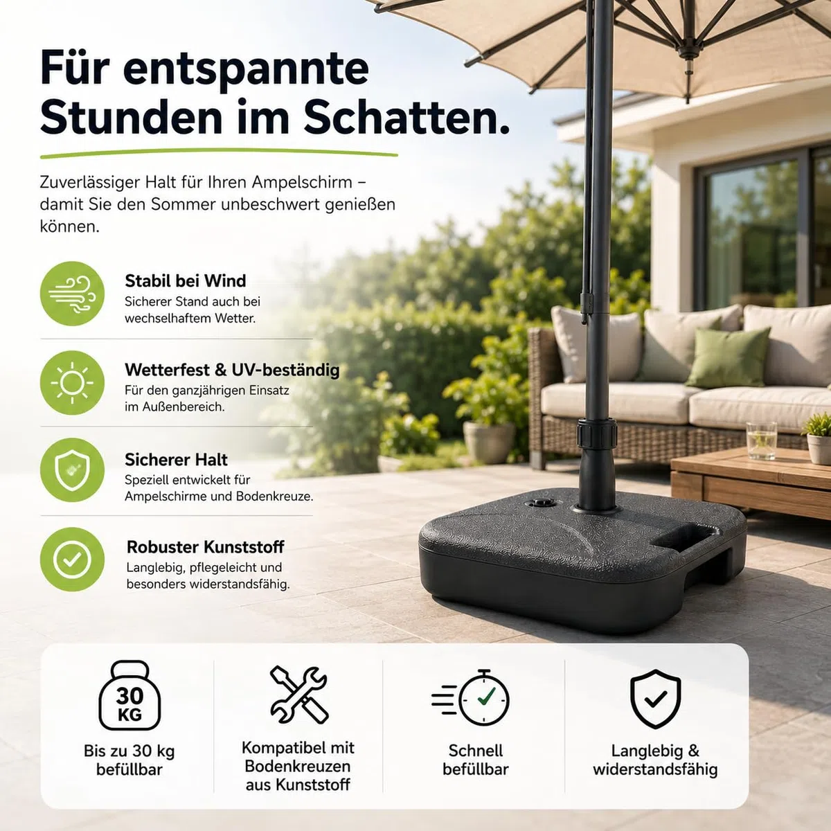 Sonnenschirmständer für Ampelschirme – Schirmgewichte zum Befüllen für Bodenkreuze aus Kunststoff – Schirmständer Sonnenschirm Ampelschirmständer (Einteilig bis 30 kg, Kunststoff)