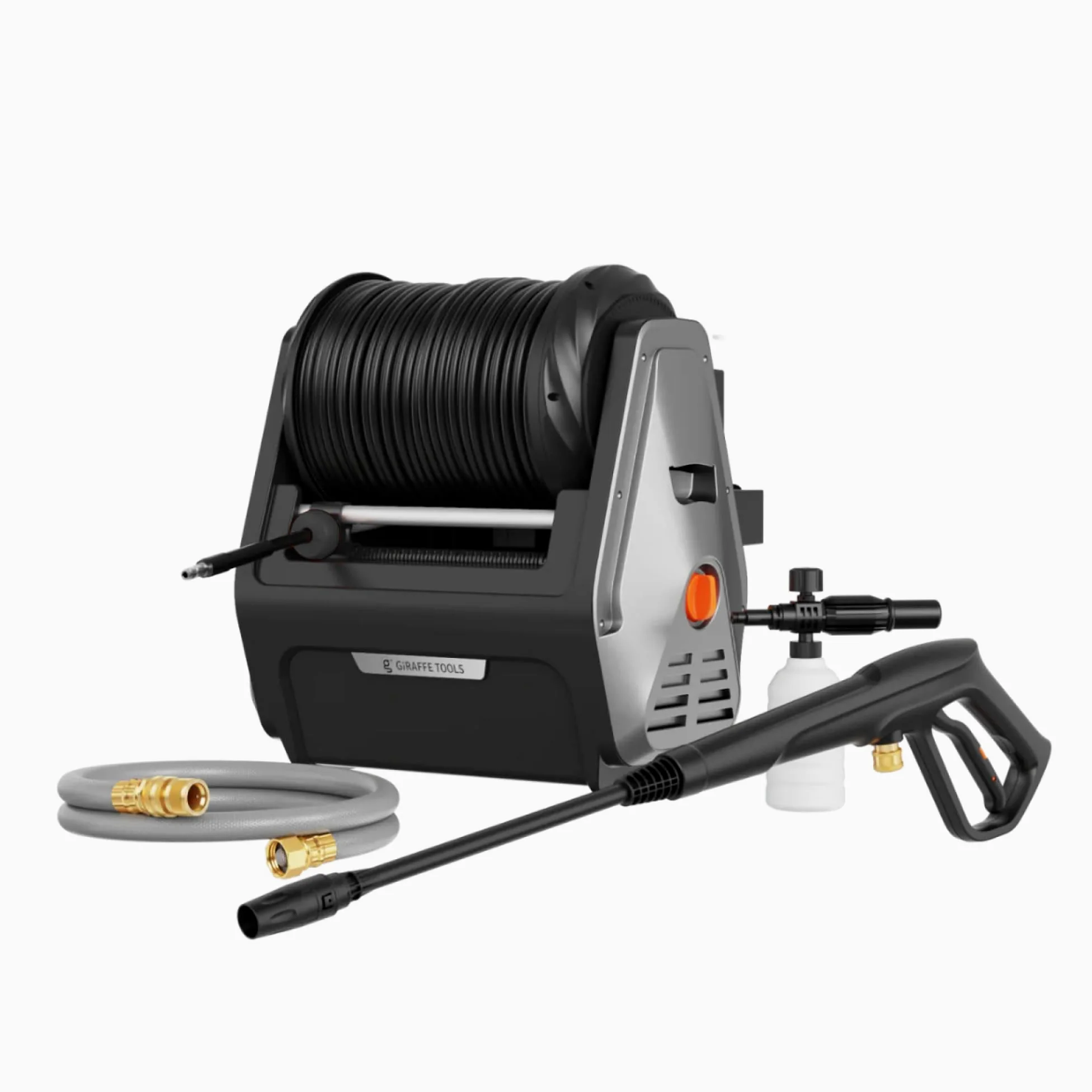 Giraffe Tools Wandmontierter Hochdruckreiniger, 1800 Watt, Max 2400 PSI, 2.0 GPM Elektrischer Wasserdruckreiniger, mit 30M Einziehbarem Schlauch, für Autos/Zäune/Garten, Schwarzer Harter Schlauch