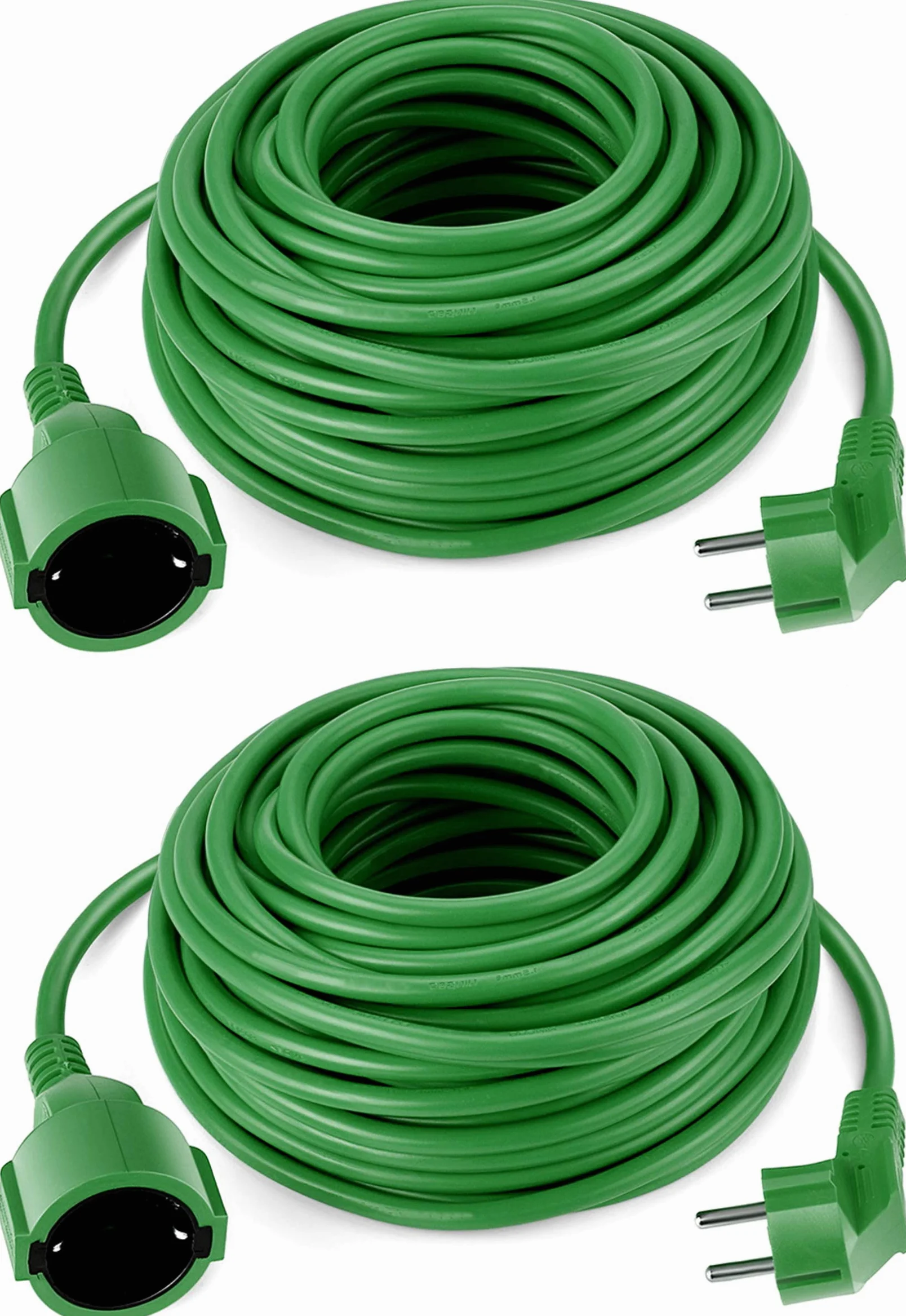 O&W Security 2er Set Verlängerungskabel Schuko 2x20 m – IP44 Innen/Außen, bis 3500 W, 2x1,5 mm², Spezialkunststoff-Ummantelung, grün, für Garten & Werkstatt