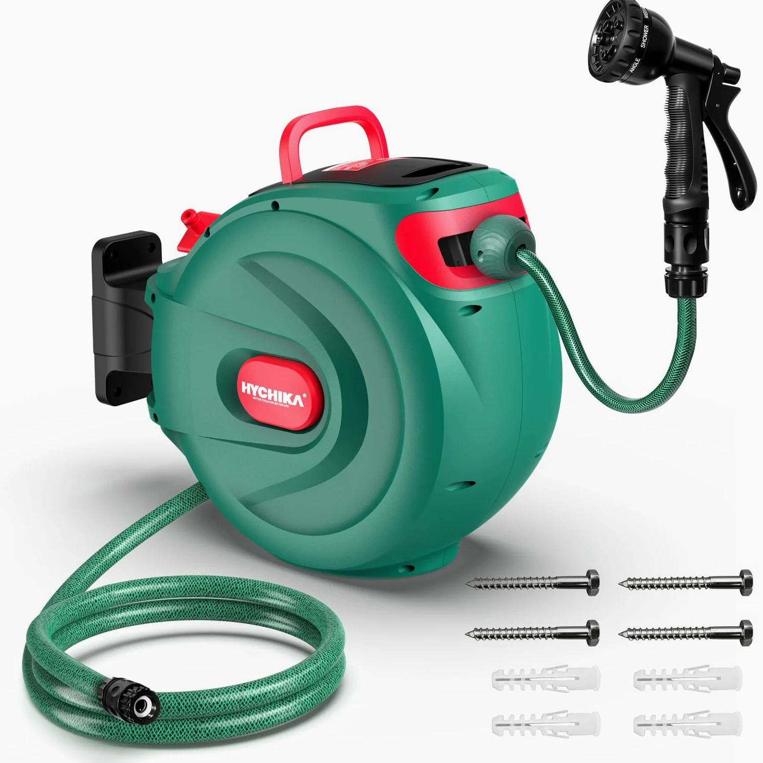 HYCHIKA Schlauchtrommel 30M - Wandmontierte Dehnbarer Gartenschlauch für den Garten, Auto Lock und Rewind, 8 Funktion Sprühpistole, 180°Schwenkbare Schlauchbox, Outdoor Bewässerung Sicher Speichern