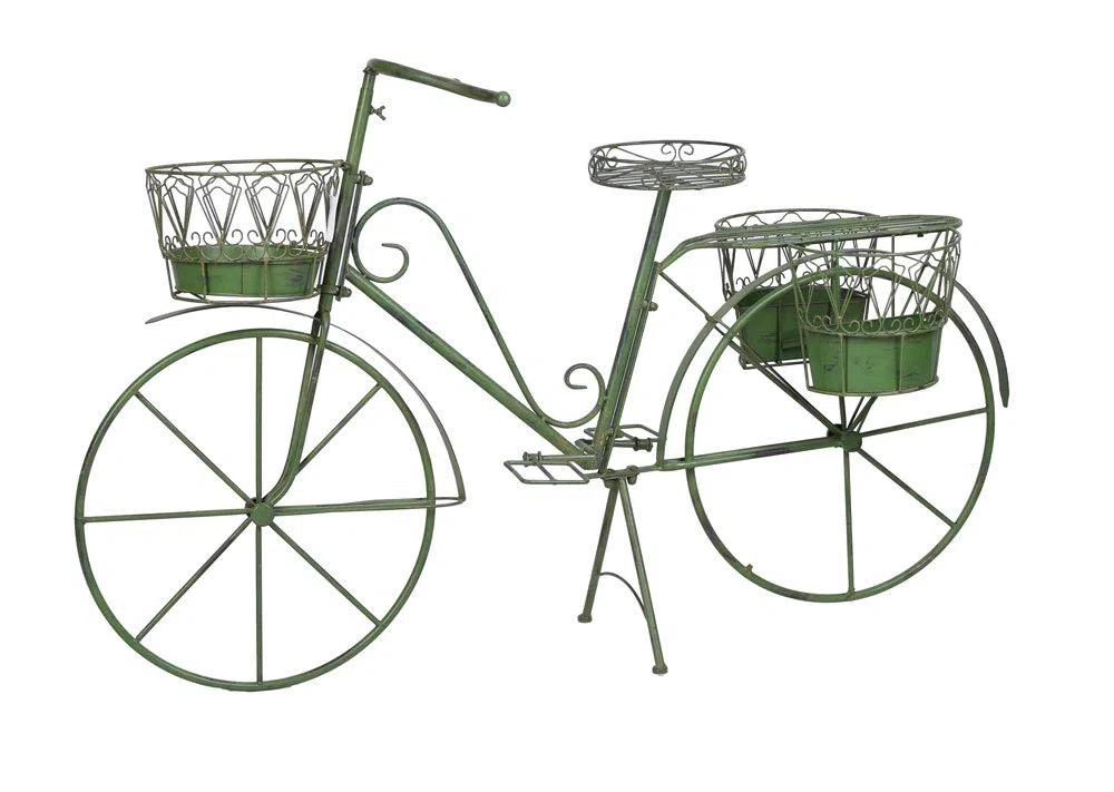 PFLANZFAHRRAD „LE JARDIN DE PROVENCE“ – Deko Fahrrad aus Eisen im Vintage Stil mit 4 Pflanzkörben Grün Garten Deko Metallrad zum Bepflanzen Terrasse Balkon Höhe 86 cm Länge 140 cm Tiefe 43 cm