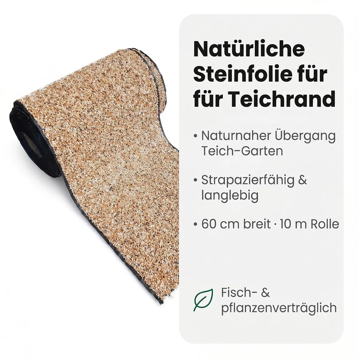 Pondlife Steinfolie für Teichrand und Bachlauf, Ufermatte in Steinoptik, 60 cm breit, 10 m Rolle, ca. 0,5 cm stark, Natur-Optik, robuste Teichumrandung, fisch- und pflanzenverträglich