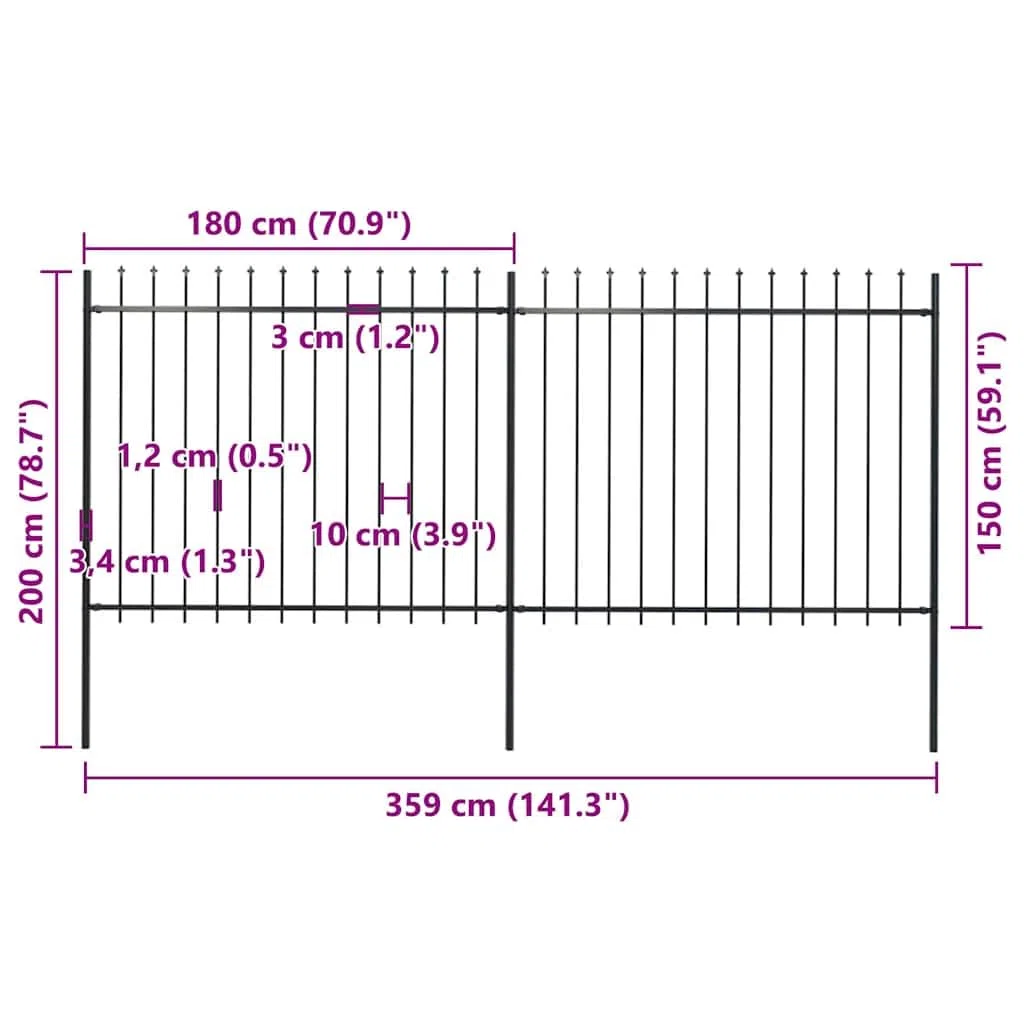 Gartenzaun aus pulverbeschichtetem Stahl, 3,4 m lang, 2 Zaunelemente und 3 Pfosten, stabil und modern mit Speerspitzen, wetterfest für Terrasse, Vorgarten und Grundstücksabgrenzung