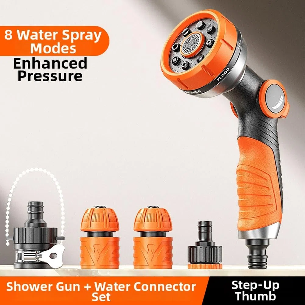 Gartenschlauchdüse mit 8 Mustern, robustes Wasserspray für Autopflege, Blumenbeete und allgemeine Reinigung, temperaturbeständig mit einfachem Schalter, Orange (D)