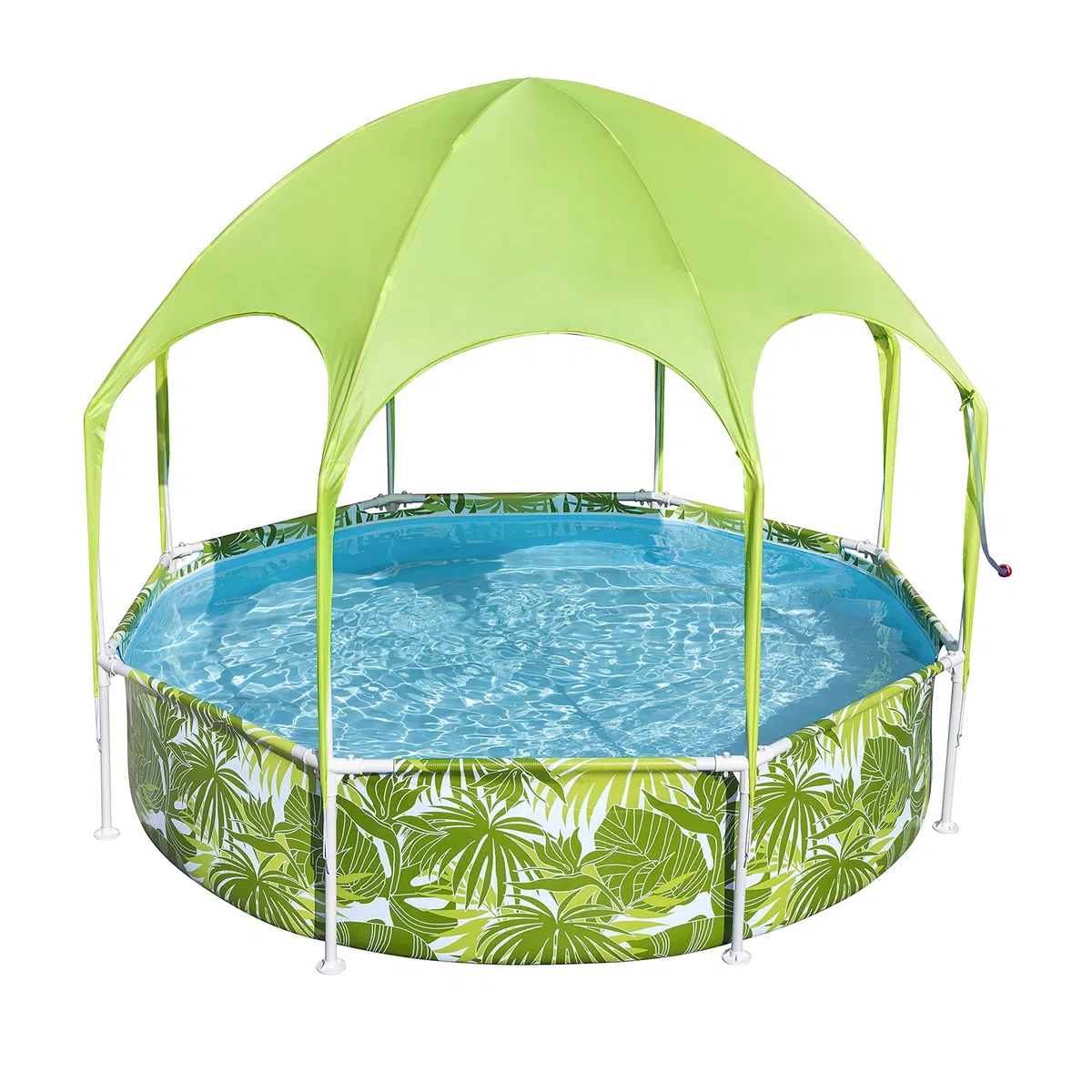 Bestway Steel Pro Frame Pool mit Sonnenschutzdach 244x51 cm – Runder Gartenpool mit Sprinkler & UV-Schutz, Aufstellpool für Kinder & Familie, Grünes Blätter-Design Sommer
