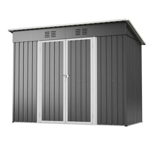 Metall Geräteschuppen 242x126x182 cm – Wetterfester Gartenschrank mit Abschließbare Tür, Schrägdach & Belüftung – Fundamentrahmen für Garten, Terrasse, Fahrrad & Mülltonnenbox (Grau)