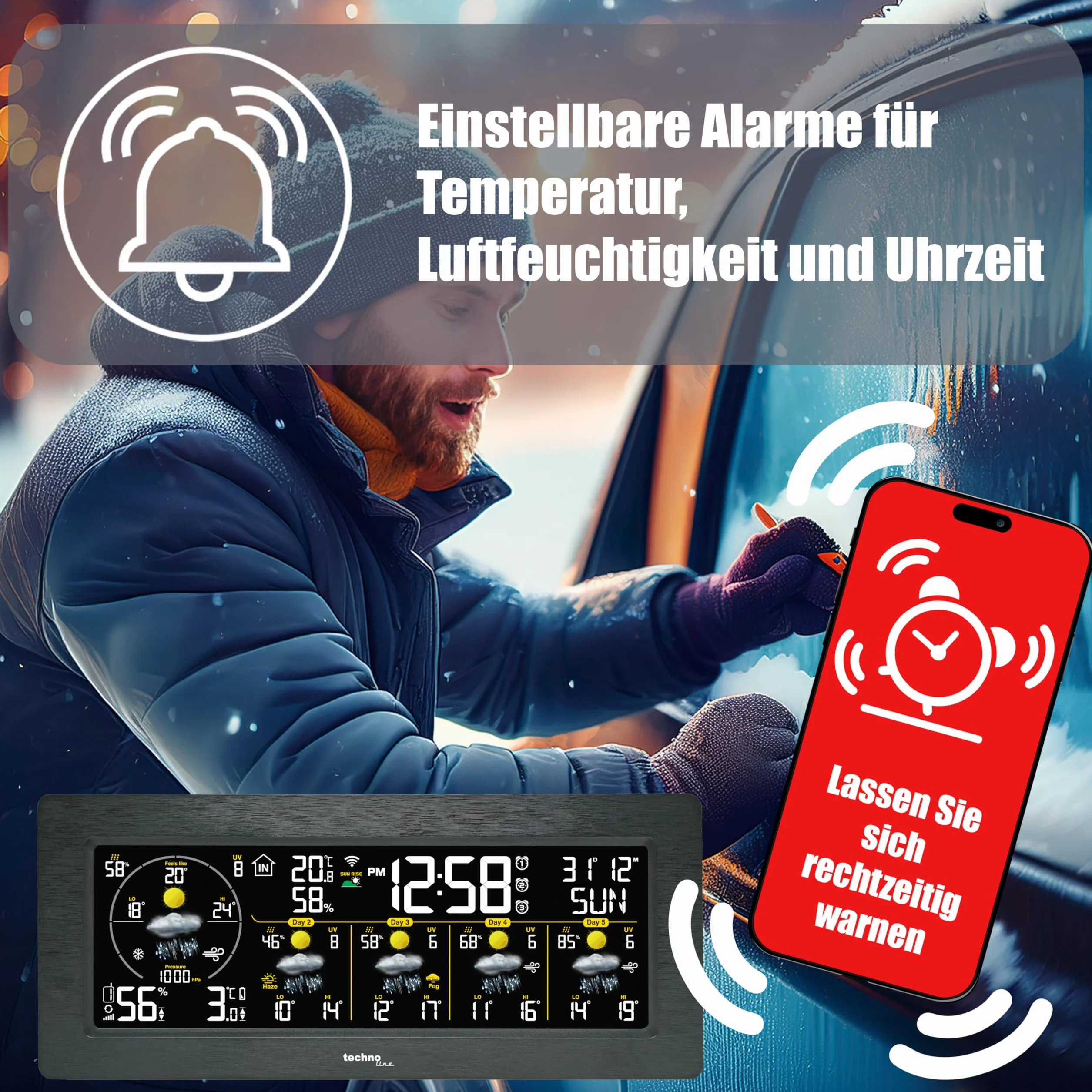 techno line WD 3050 WLAN Wetterstation mit Außensensor | 5-Tage-Wettervorhersage | Farbdisplay | Innen-/Außentemperatur | Luftfeuchtigkeit | UV-Index | App-Steuerung | 3 Alarme