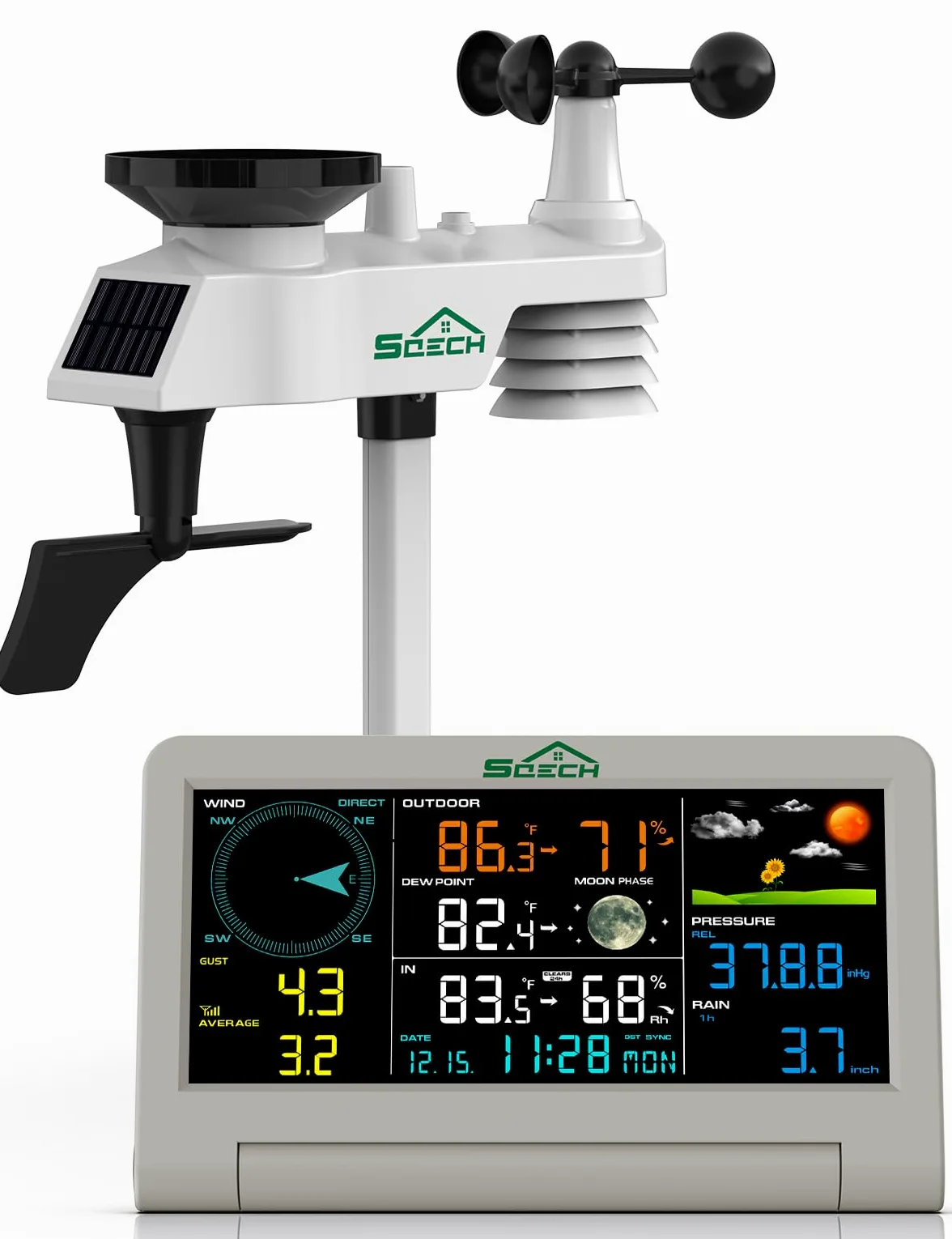 SQECH Wetterstationen Innen und Außentemperatur Funk mit Wettervorhersage | 7-in-1 Wetterstation Funk mit Außensensor, Regenmesser, Windmesser, Temperatur, Luftfeuchtigkeit, Mondphase, Datum, Wecker