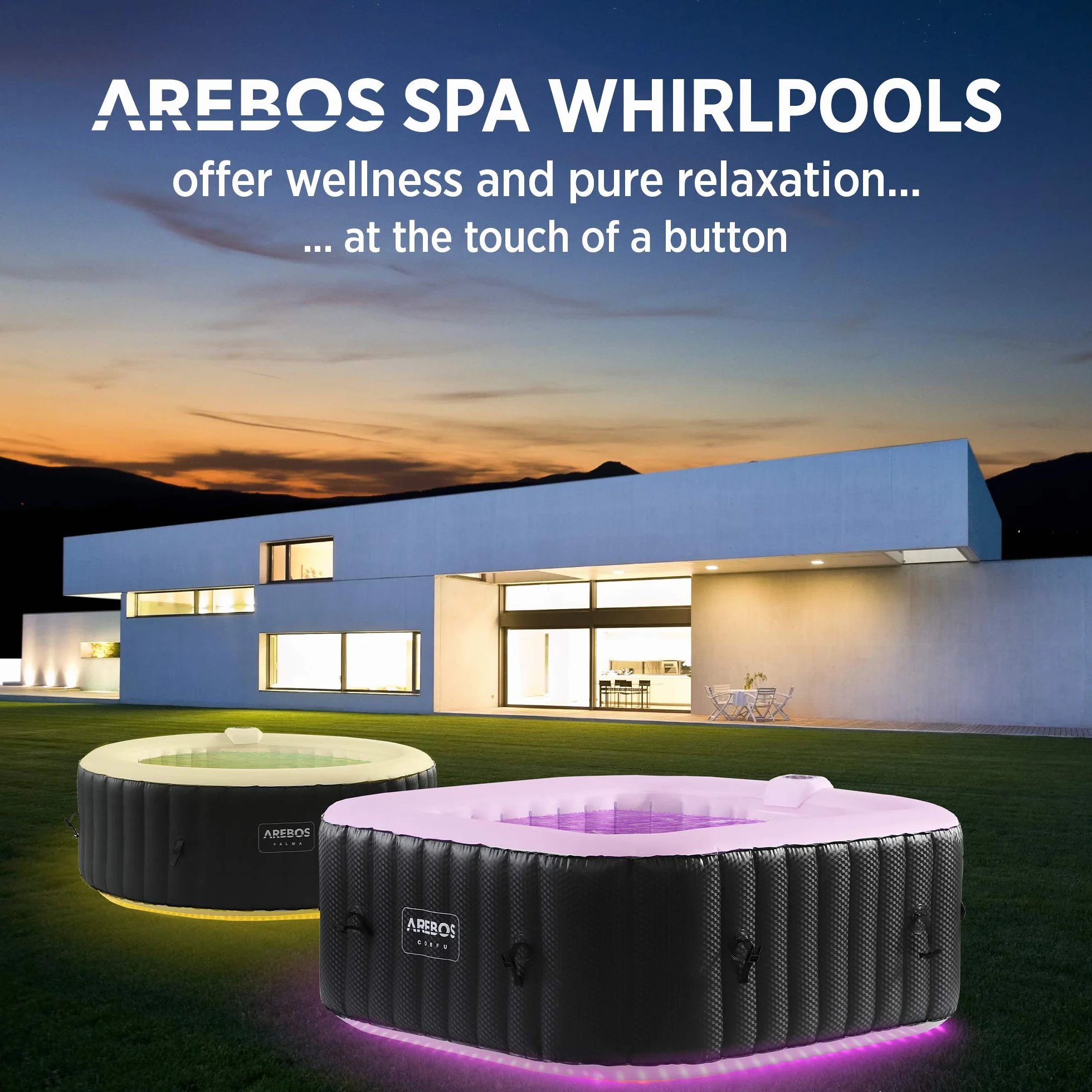Arebos Whirlpool | 154 x 154 cm | mit LED-Beleuchtung | aufblasbar | quadratisch | In- & Outdoor | 4 Personen | 100 Massagedüsen | mit Heizung | 600 L | Inkl. Abdeckung | Bubble Spa & Wellness Massage