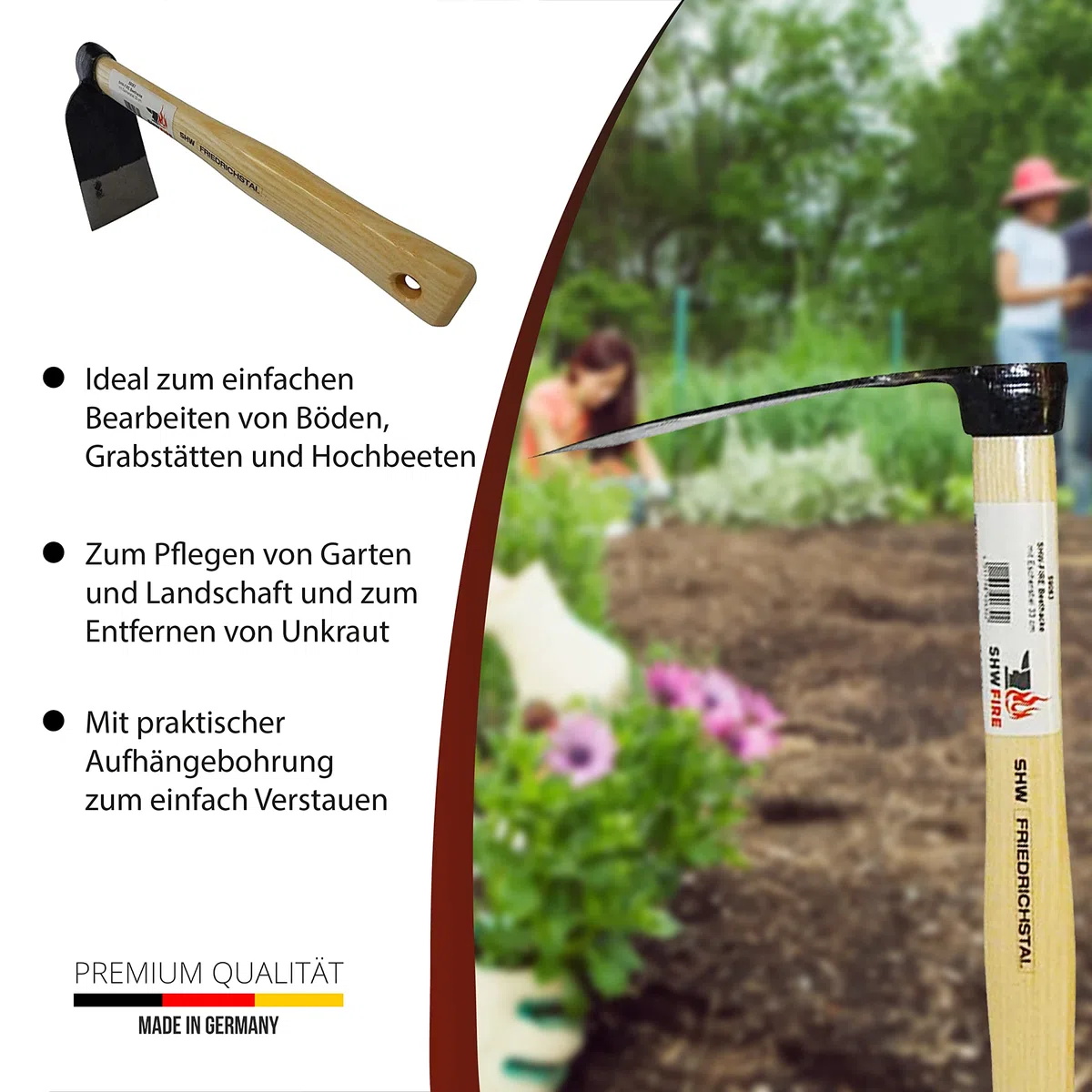 SHW-FIRE Kraftvolle Beethacke - 33cm Breitblatt und Eschenholzstiel für | Made in Germany | Für Gartenarbeit und Bodenlockerung | Schmiedequalität | selbstschärfendes Blatt | 33 cm Eschenholzstiel