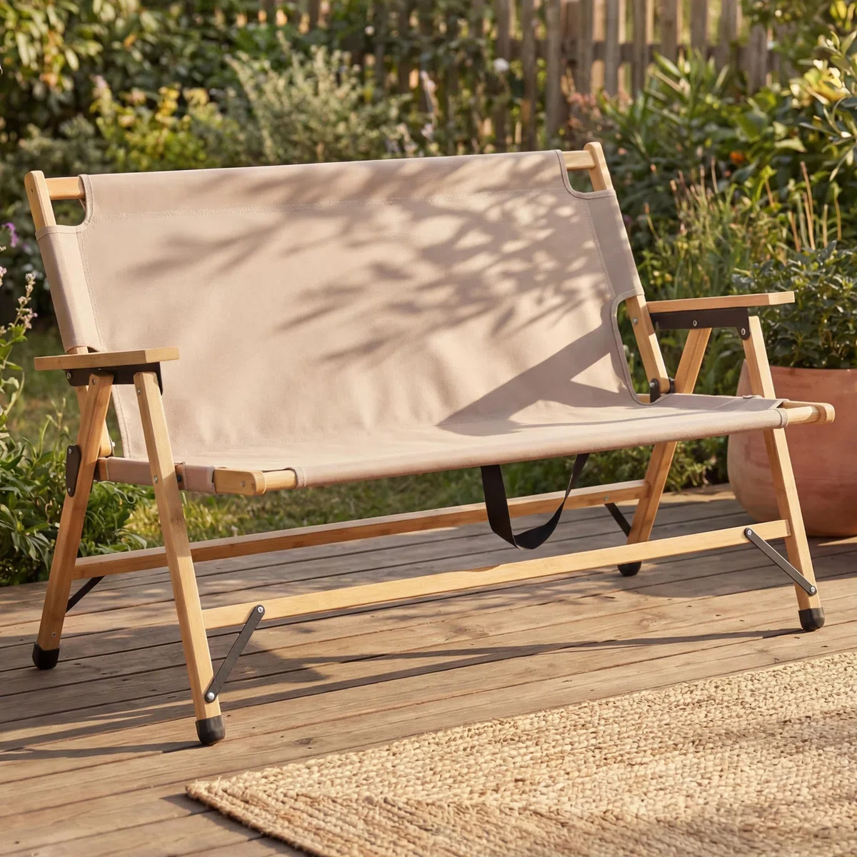 Mendler Bambus Campingbank HWC-Q40 117cm Stoff/Textil - Creme | Outdoorbank, Picknickbank, Gartenbank, klappbar, Tragegriff