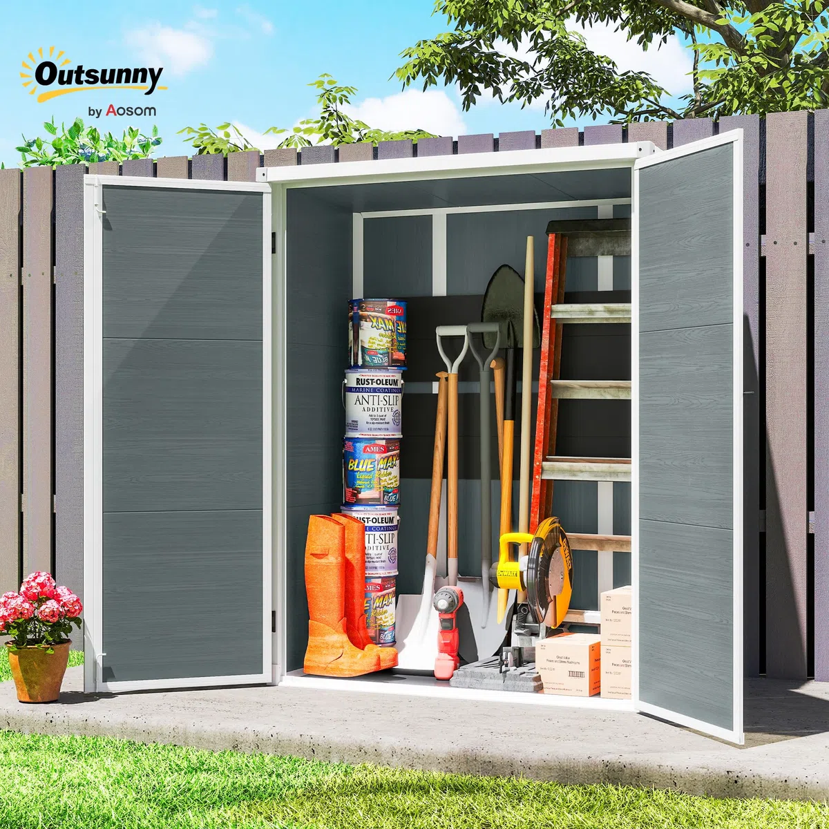 Outsunny Gerätehaus 0,8m² mit Klappbaren Regalen 134 x 68,5 x 170 cm | Kunststoff Gartenschuppen, Schnellmontage, Doppeltür, Boden, Schloss, Handschuhe, Geräteschuppen für Werkzeuge