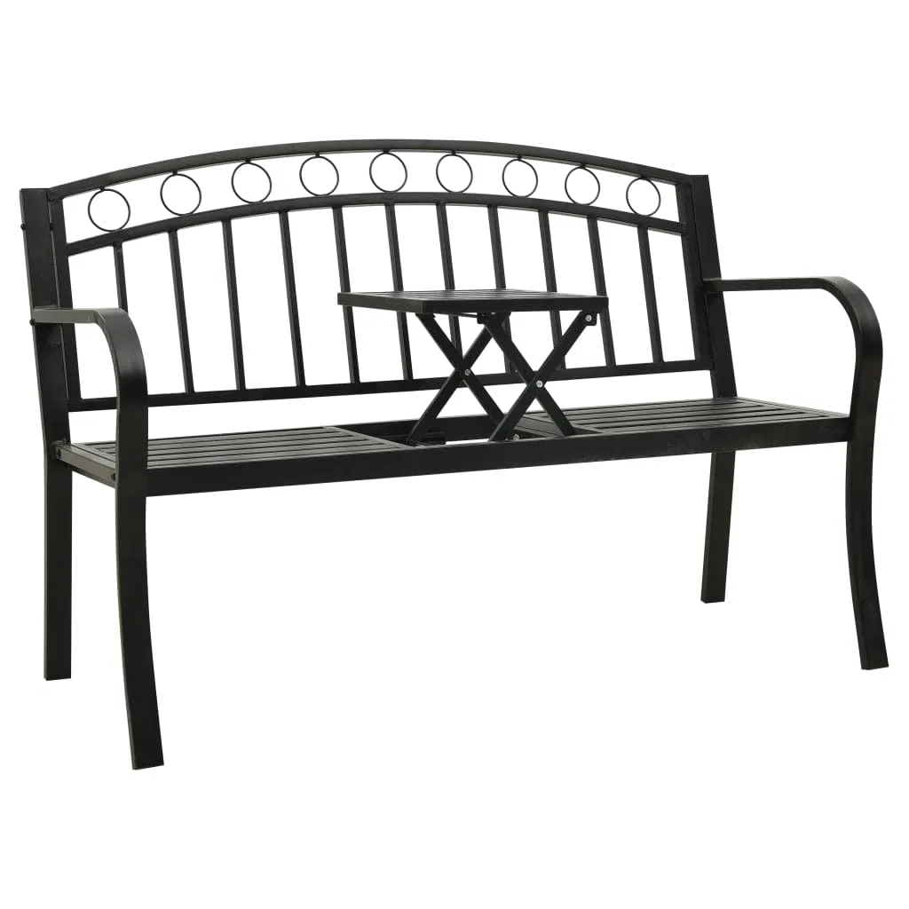 Gartenbank mit Tisch Schwarz aus pulverbeschichtetem Stahl 120 cm stabil für Terrasse Balkon Gartenweg als Sitzbank und Ruheplatz im Outdoor Bereich