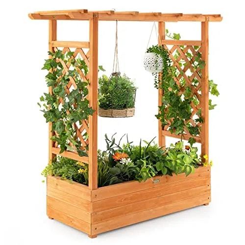 FANTASK Hochbeet mit Rankgitter & hängendem Dach, Pflanzkasten mit Rankhilfe, Blumenkasten für Kletterpflanzen & hängende Körbe 110 x 44 x113.5cm, Orange