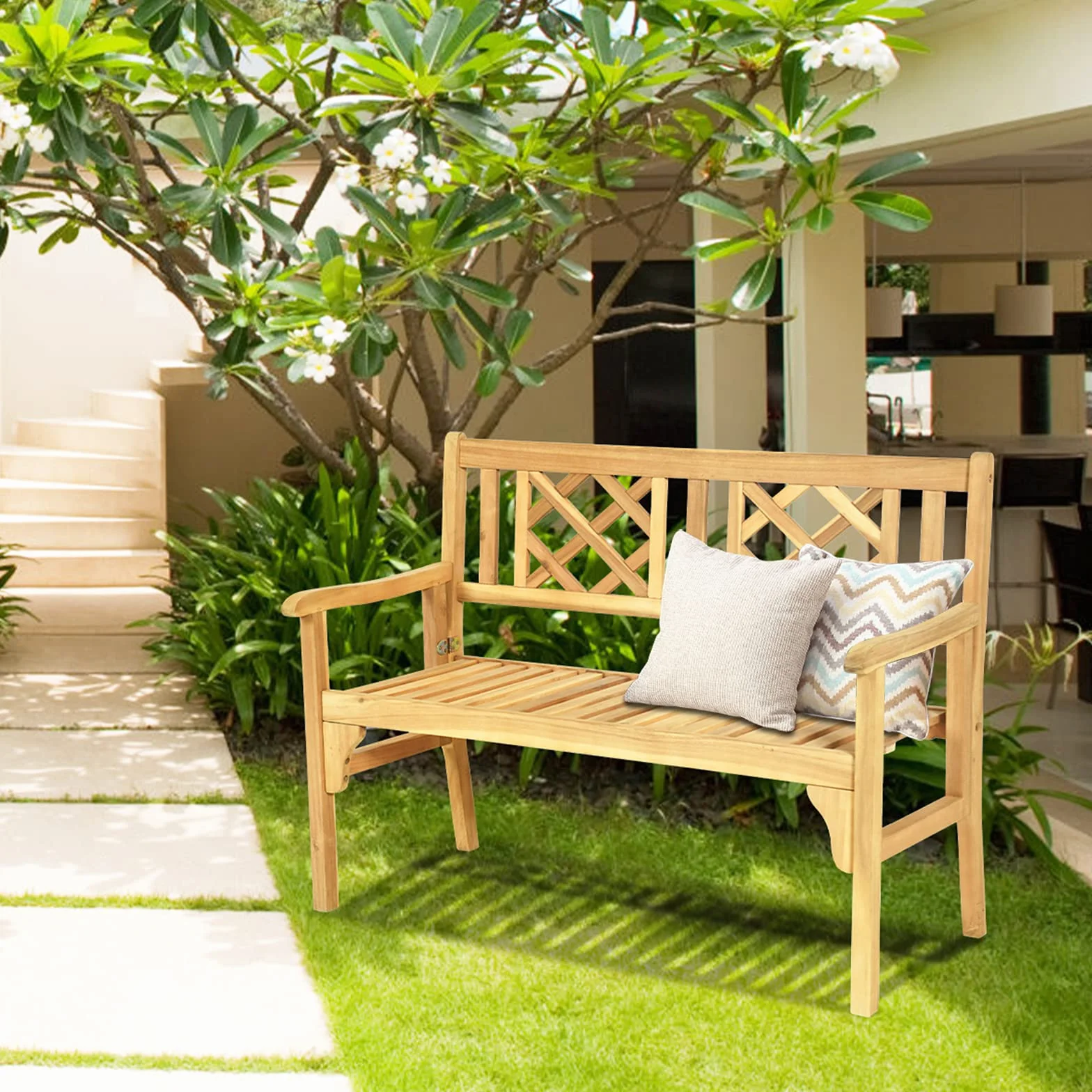 GIANTEX Akazienholz Gartenbank faltbar, Massiv Parkbank 2 Sitzer, Terrassenbank Balkon Bank bis 320 kg belastbar, Holzbank Sitzbank mit Rücken- & Armlehne, rustikal im Landhausstil, Naturholzfarbe