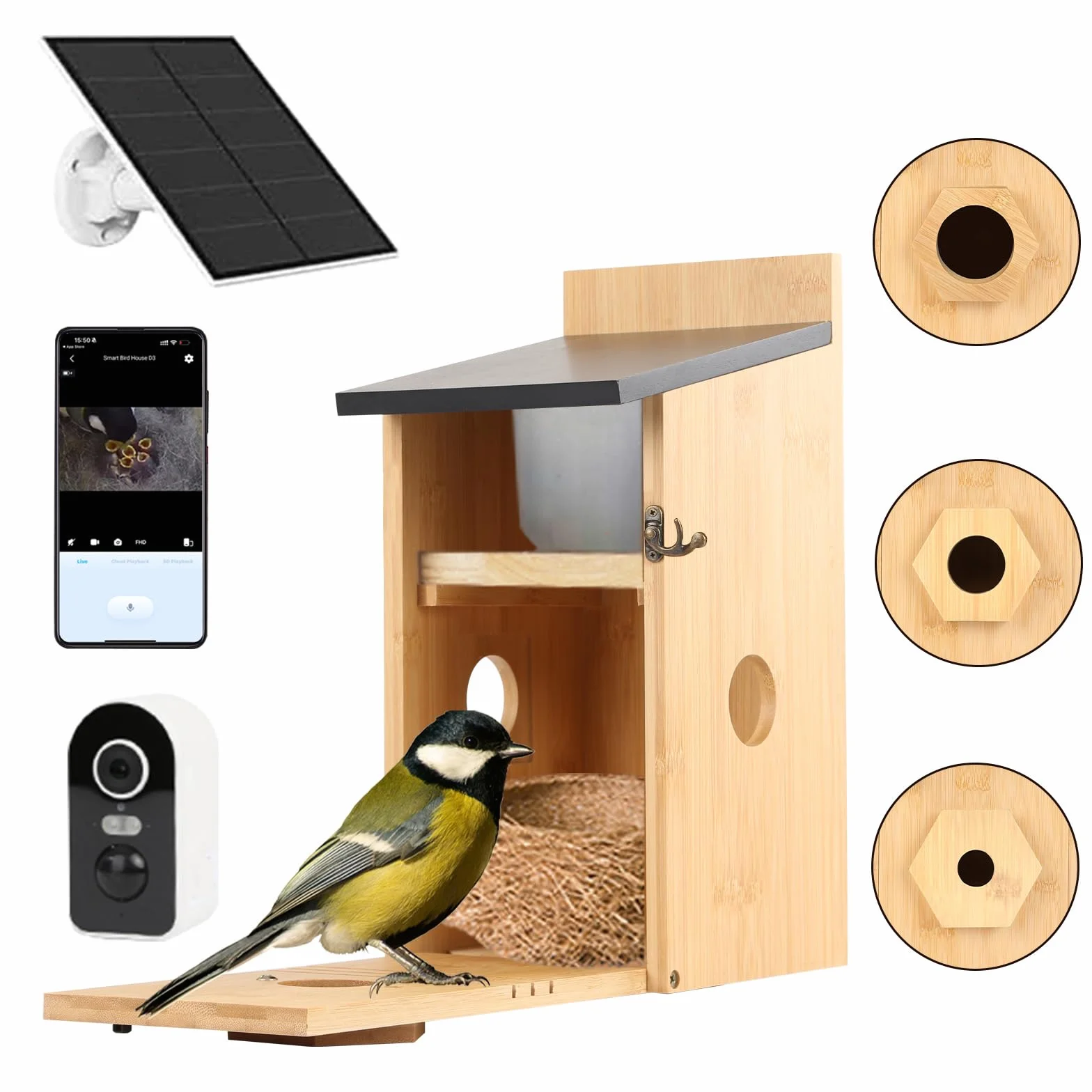 Vogelhaus mit Kamera, 5MP HD Nistkasten für Draußen mit Solarpanel Wetterfest, 2,4G WiFi und Nachtsichtmodul, Smarter Vogelbeobachtung für Wildvögel mit App-Benachrichtigung und Bewegungserkennung