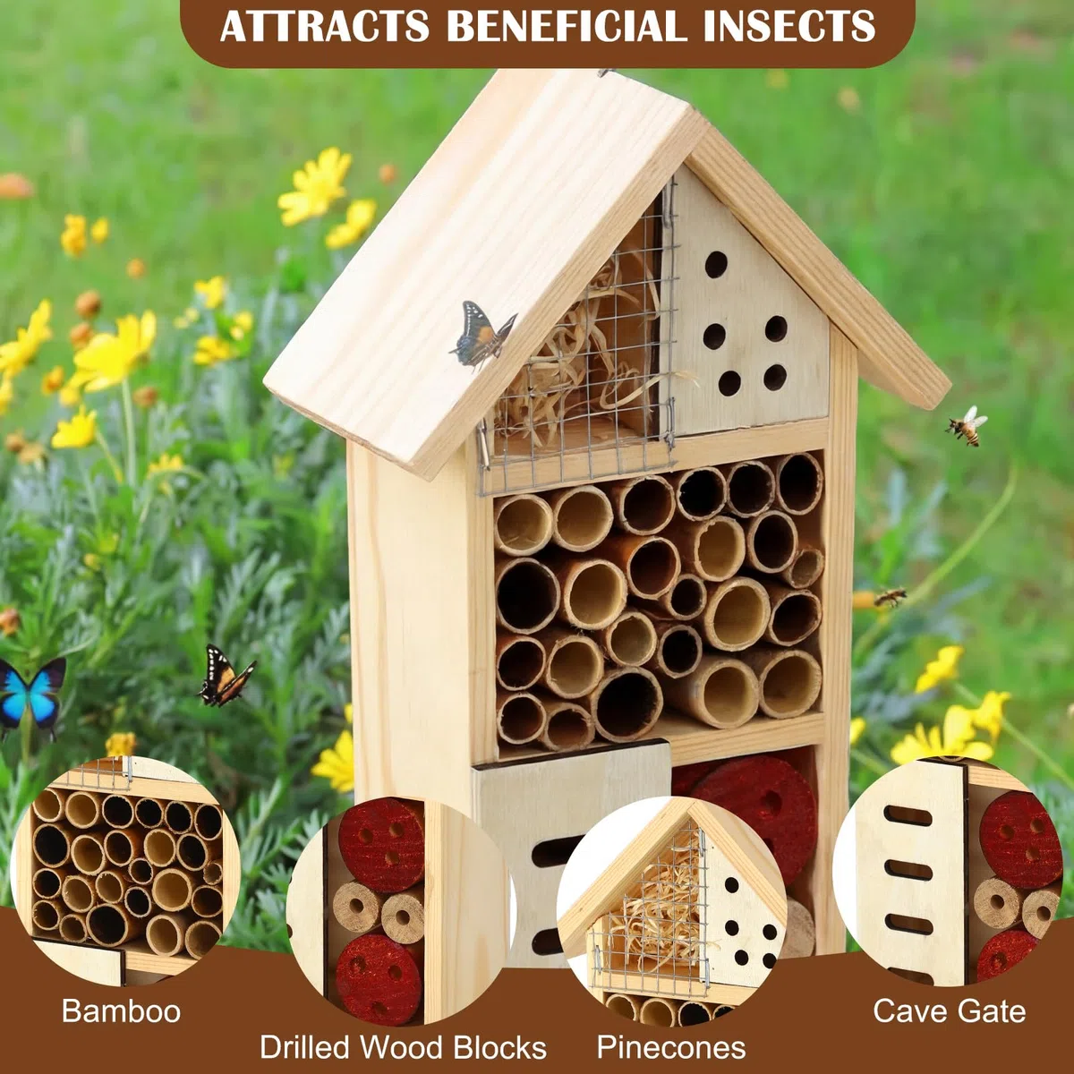 Novabright Insektenhaus aus Holz mit Metallpfahl Insektenhotel Bienenhaus Natur Käfer Lebensraum für Biene Schmetterling Marienkäfer Nützlich Käfer Outdoor Garten Hinterhof