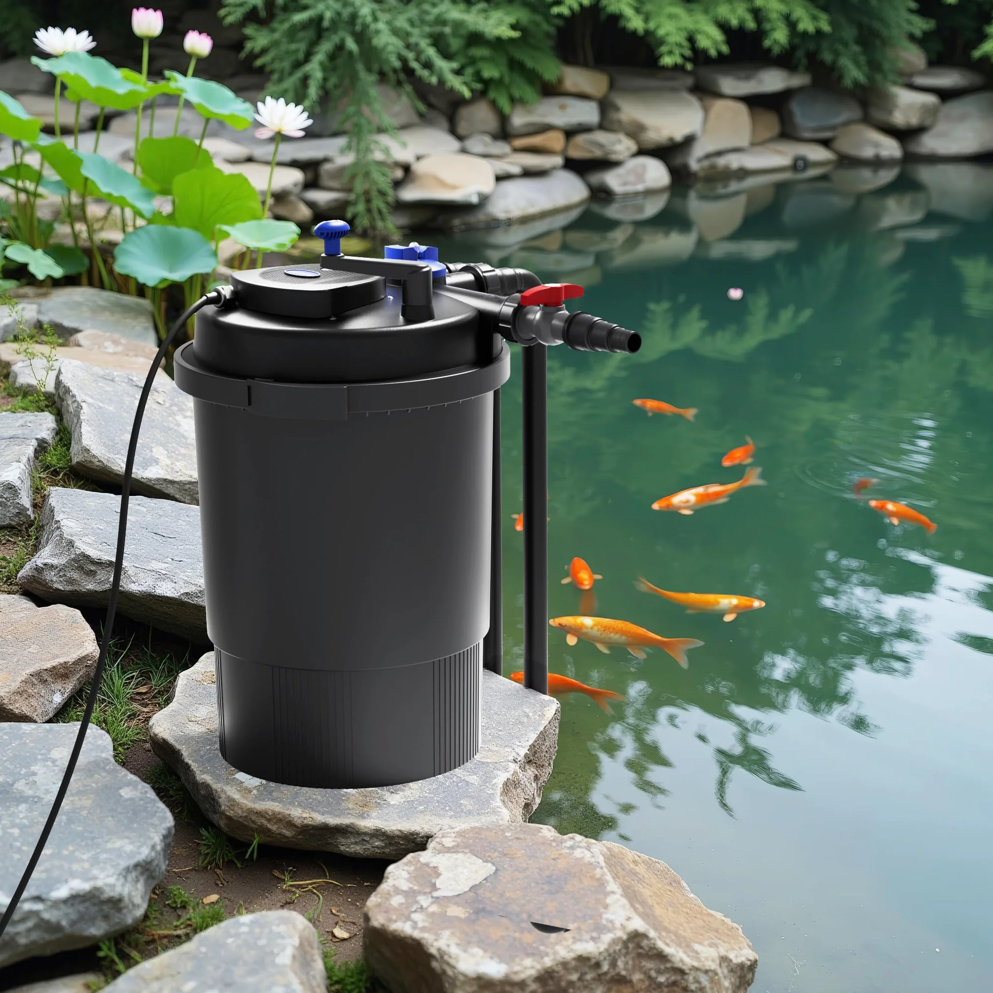 SunSun Komplettset: CPF-30000 Teichdruckfilter bis 12000 L mit 55 Watt UV-C Teichklärer, NEO8000 SuperEco Teichpumpe 8000l/h 70W, 10m Teichschlauch 38 mm (1 1/2"), Schlauchschellen W1 44-47mm