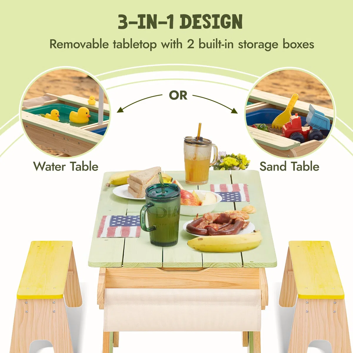 Giant bean Kinderspiel Tisch aus Holz mit Sand- und Wasserspielfunktion inkl. Sonnenschirm – Für Kinder im Garten, Terrasse oder Innenbereich