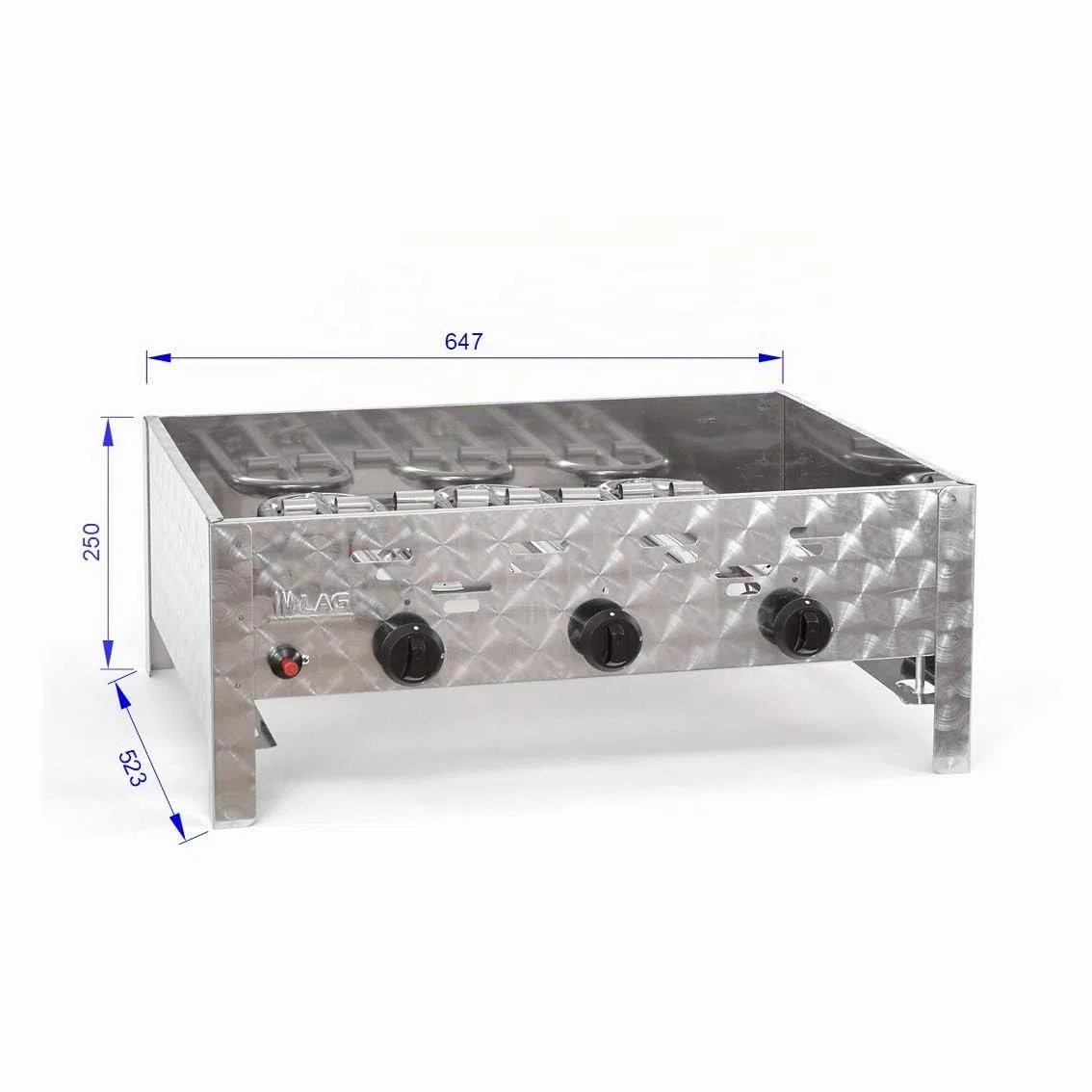Gasgrill-Kombibräter 11kW 3-flammiger Edelstahl-Brenner fahrbar mit Grillrost und emaillierter Stahlpfanne Grillwagen Gastrobräter Profigrill