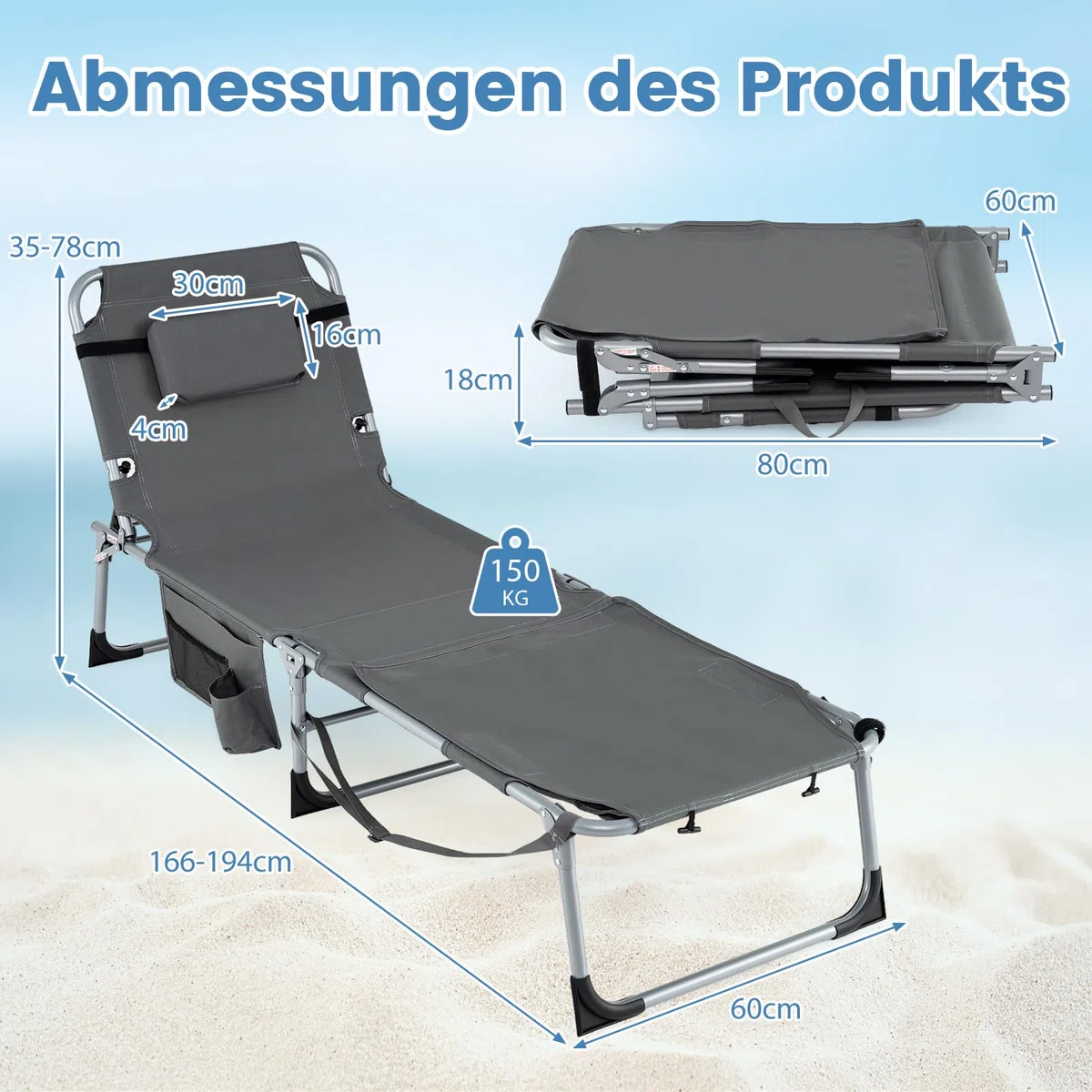 COSTWAY Sonnenliege mit Loch für Kopf und Arme, Faltbare Gartenliege mit Verstellbarer Rückenlehne und Fußteil, abnehmbarem Kissen, Seitentasche, Liegestuhl für Strand, Garten, Balkon (Grau)