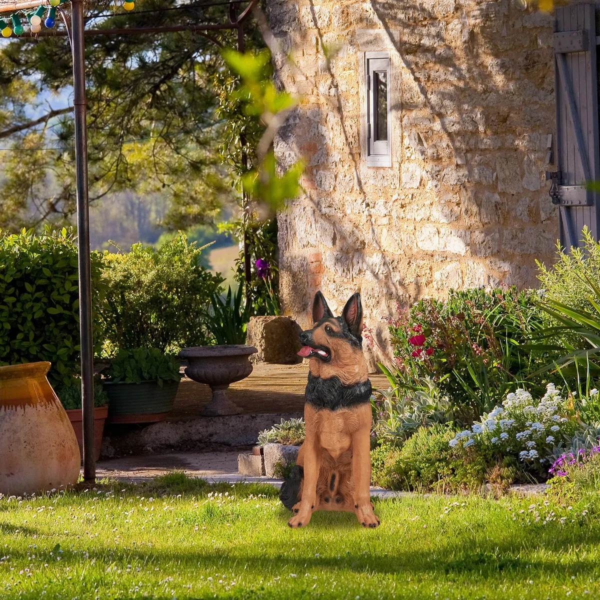 Relaxdays Schäferhund Figur, lebensgroß, wetterfest, Dekofigur Hund, Garten Deko, HBT: 85 x 39 x 55 cm, Polyresin, braun