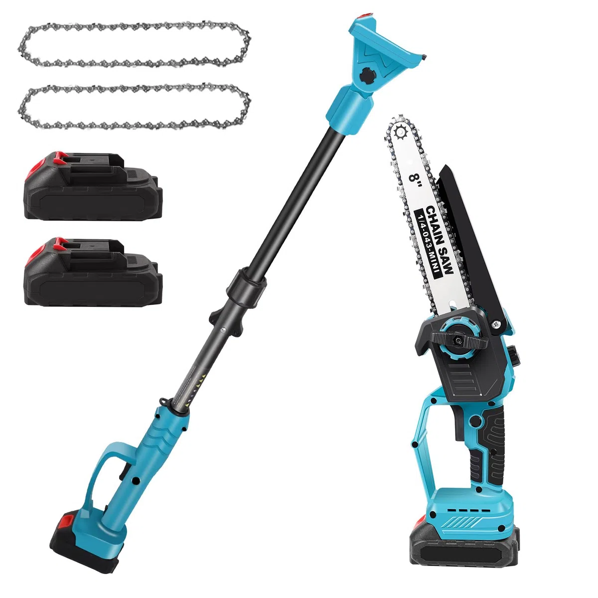 Hochentaster Akku 8 Zoll für Makita 21V, Bürstenlose Teleskop Astsäge, 2 IN 1 Mini 8 zoll Akku Kettensäge und Teleskop Elektro Hochentaster Astsäge Arbeitshöhe bis 4,5m (2 Akku)