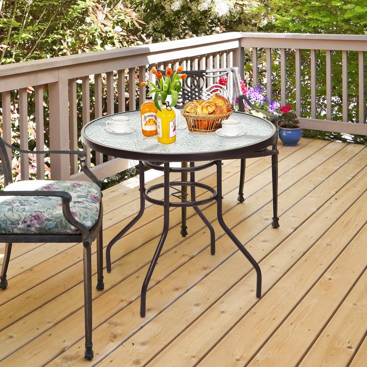 GYMAX Gartentisch rund 80 cm, Balkontisch klein mit Schirmloch, Beistelltisch Outdoor Wetterfest mit Glasplatte & Metallgestell, Terrassentisch für Balkon & Garten