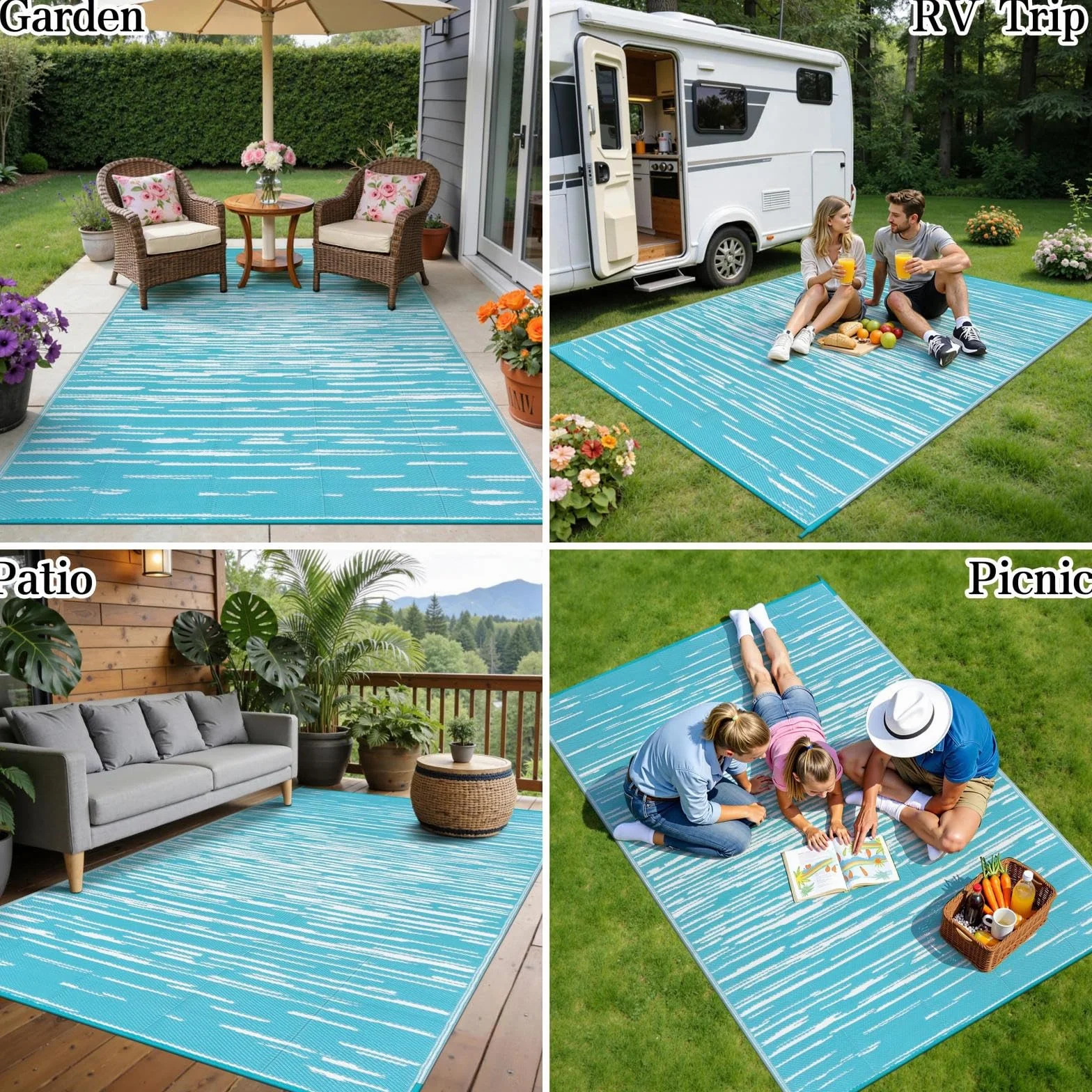 SHACOS Outdoor Teppich Wetterfest Türkis 180x270 cm Außenteppich Balko Teppich Waschbar Picknickdecke Wendbar UV-beständig Kunststoffteppich für Terrasse Camping Garten Pool