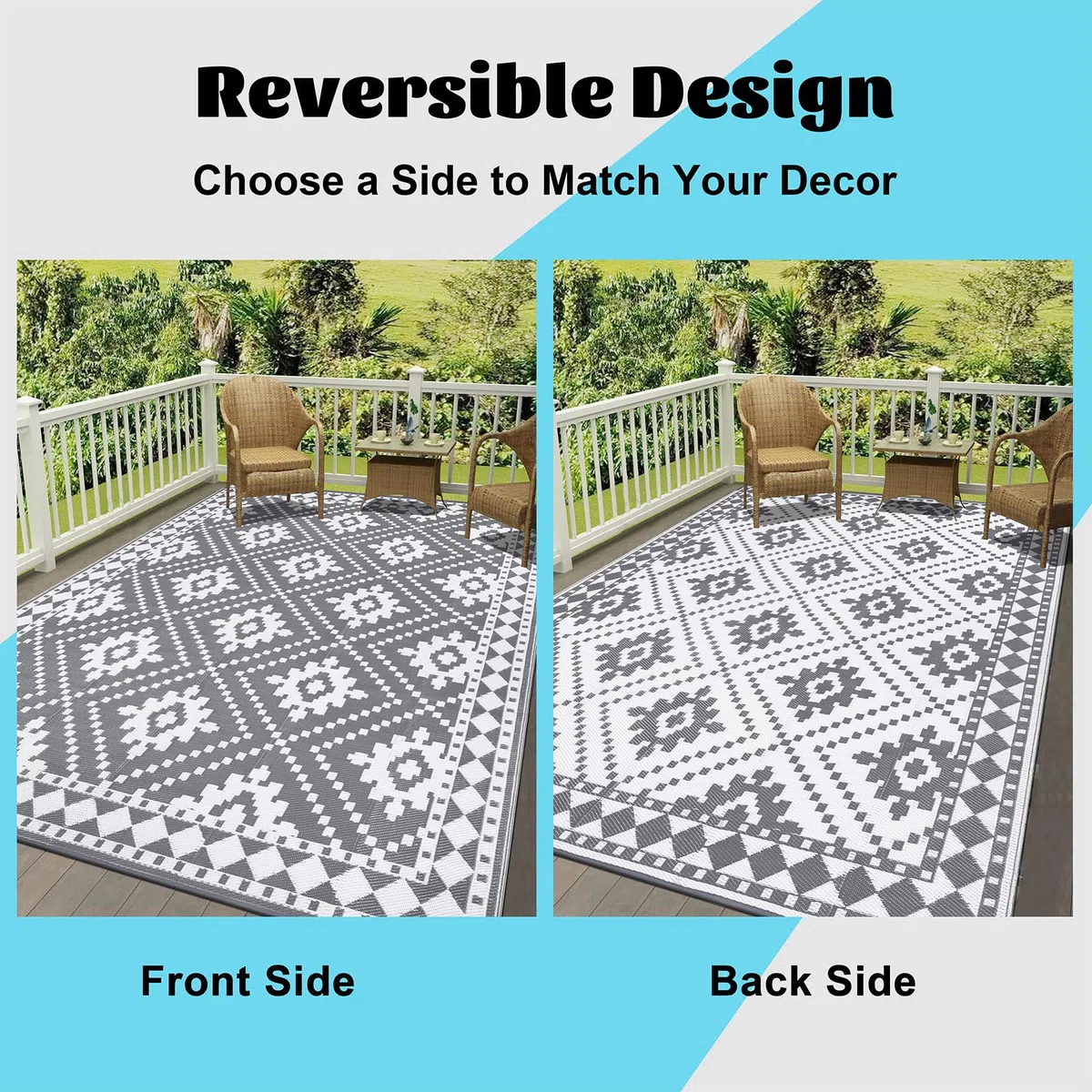 Enyhom Groß Außenteppich 240 x 300 cm, Robuster Flachgewebe Kunststoff Picknickdecke, Wendbarer UV-beständige Campingmatte, Wasserdicht Farbecht Balkonteppich für Outdoor RV Camping, Grau